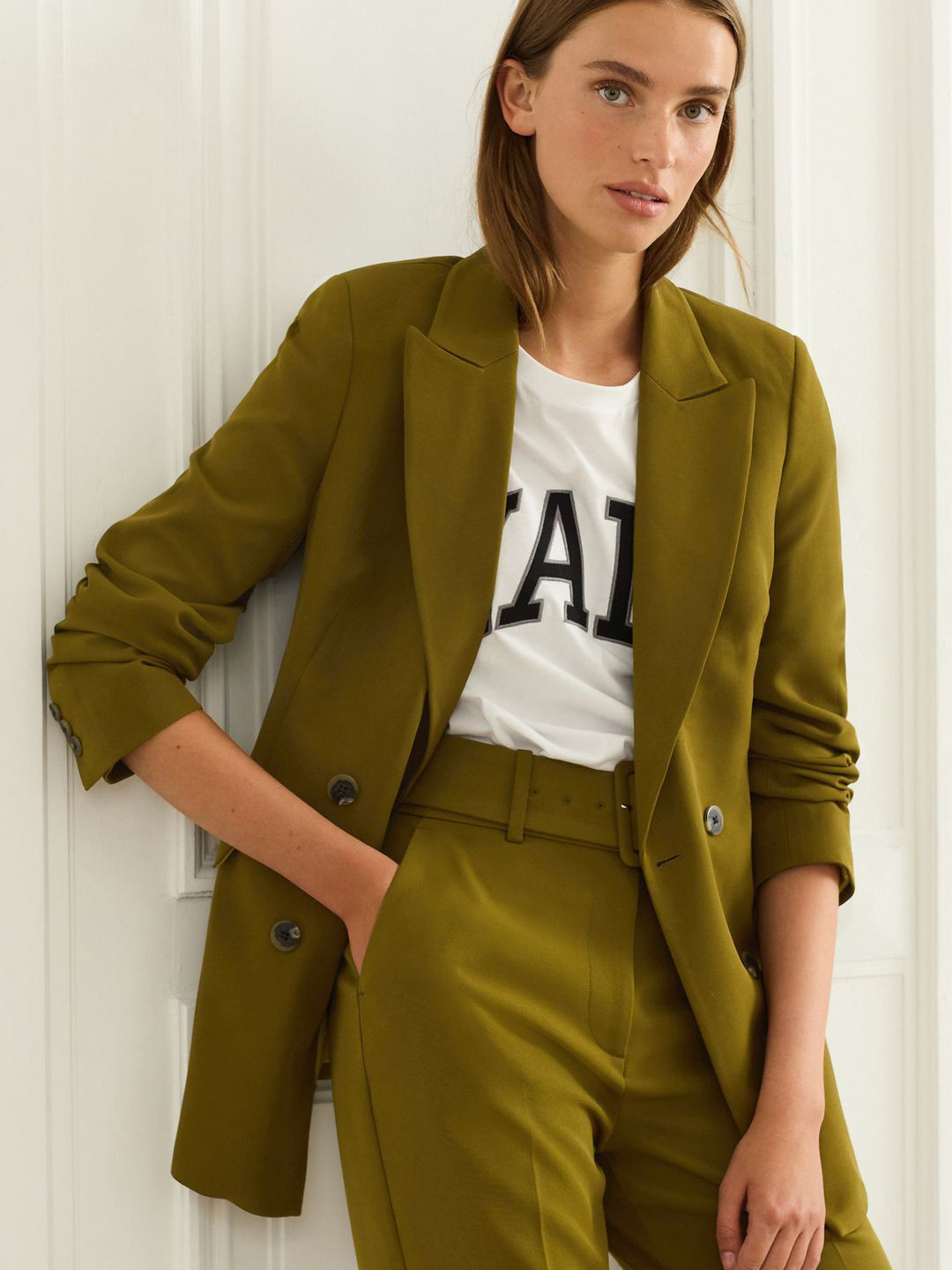 

NEXT Women Peaked Lapel Collar Double-Breasted Blazer, Olive