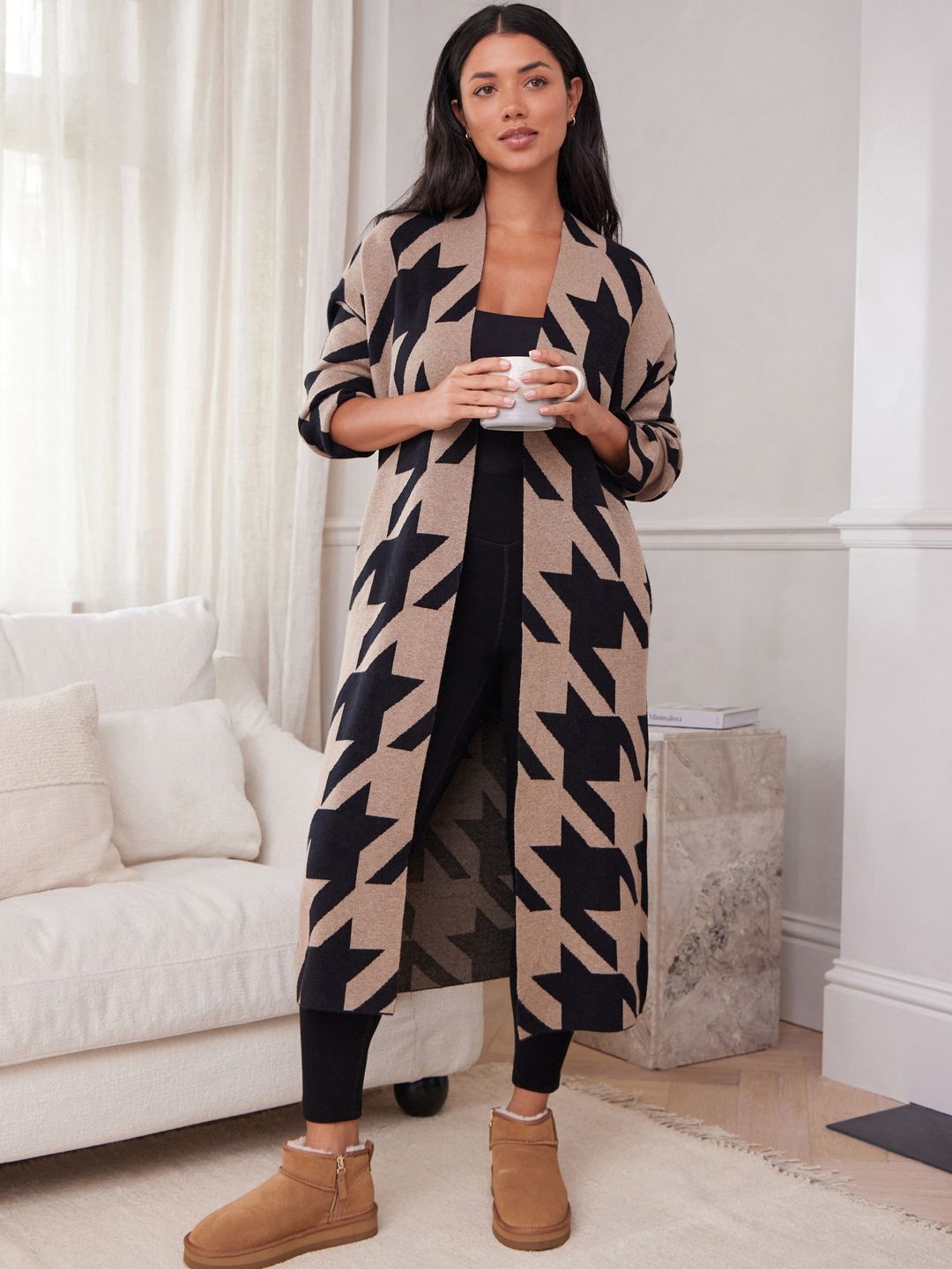 

NEXT Women Houndstooth Longline Front-Open Sweater, Beige