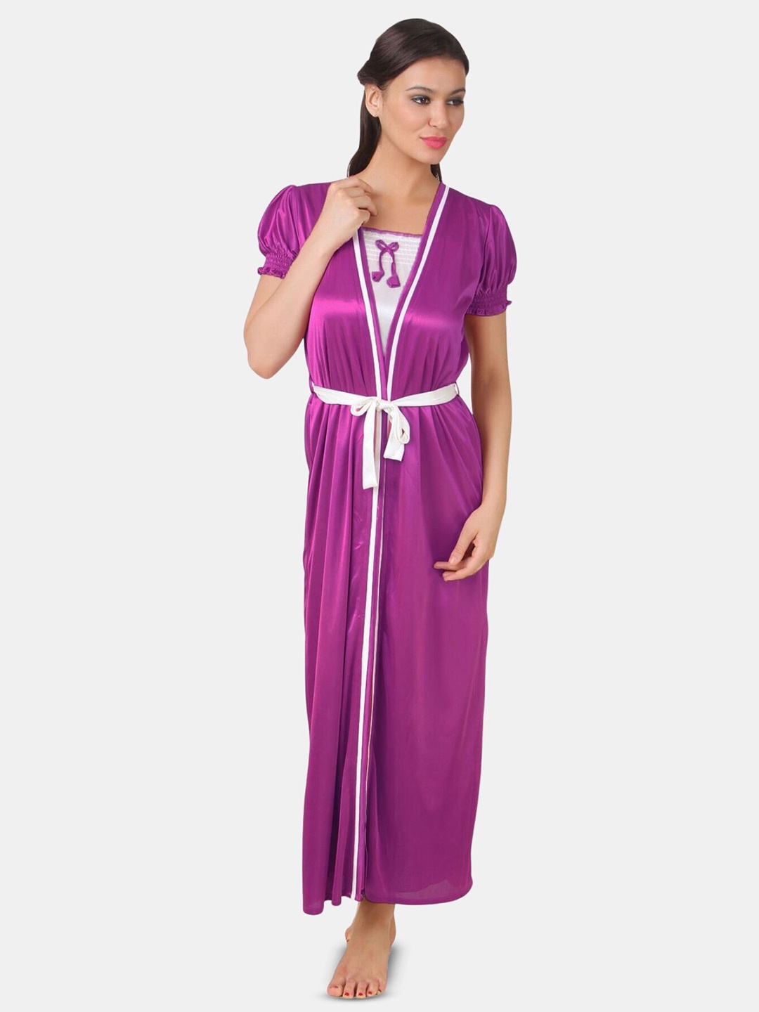 

Fasense Colourblocked Shoulder Straps Wrap Nightdress With Robe, Purple