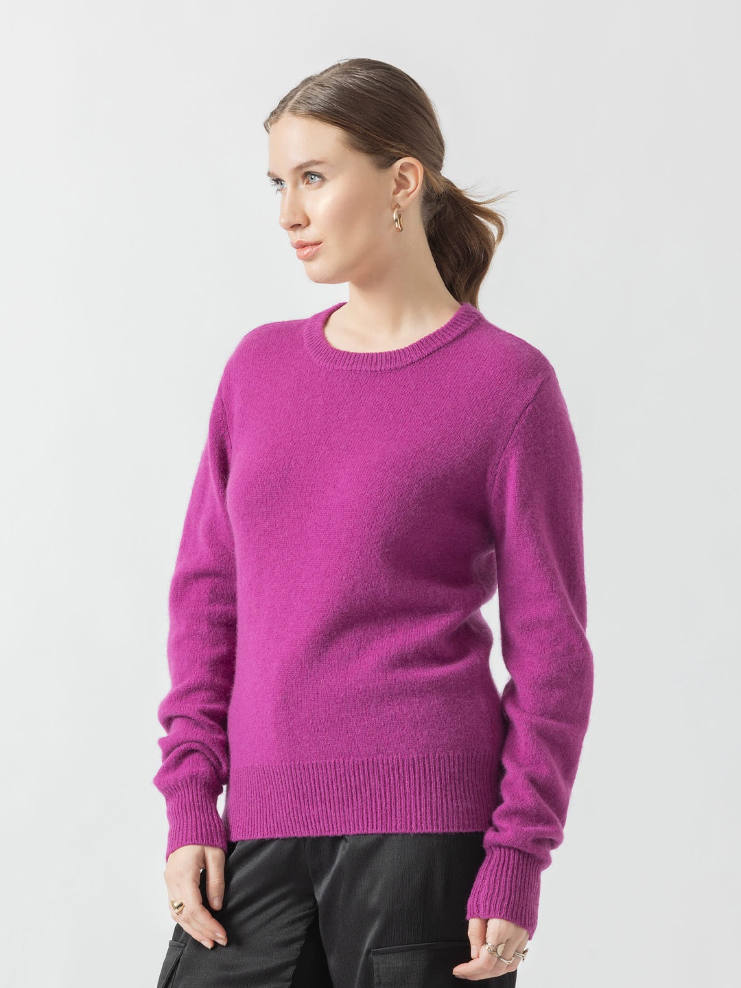 

B.Copenhagen Round Neck Long Sleeves Fuzzy Pullover Sweater, Fuchsia