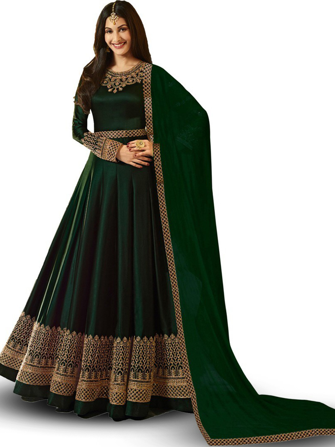

KALINI Ethnic Motifs Embroidered Beads and Stones Semi-Stitched Dress Material, Green