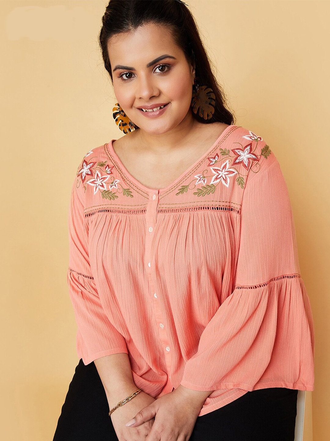 

max Plus Size Floral Embroidered Flared Sleeve Top, Orange