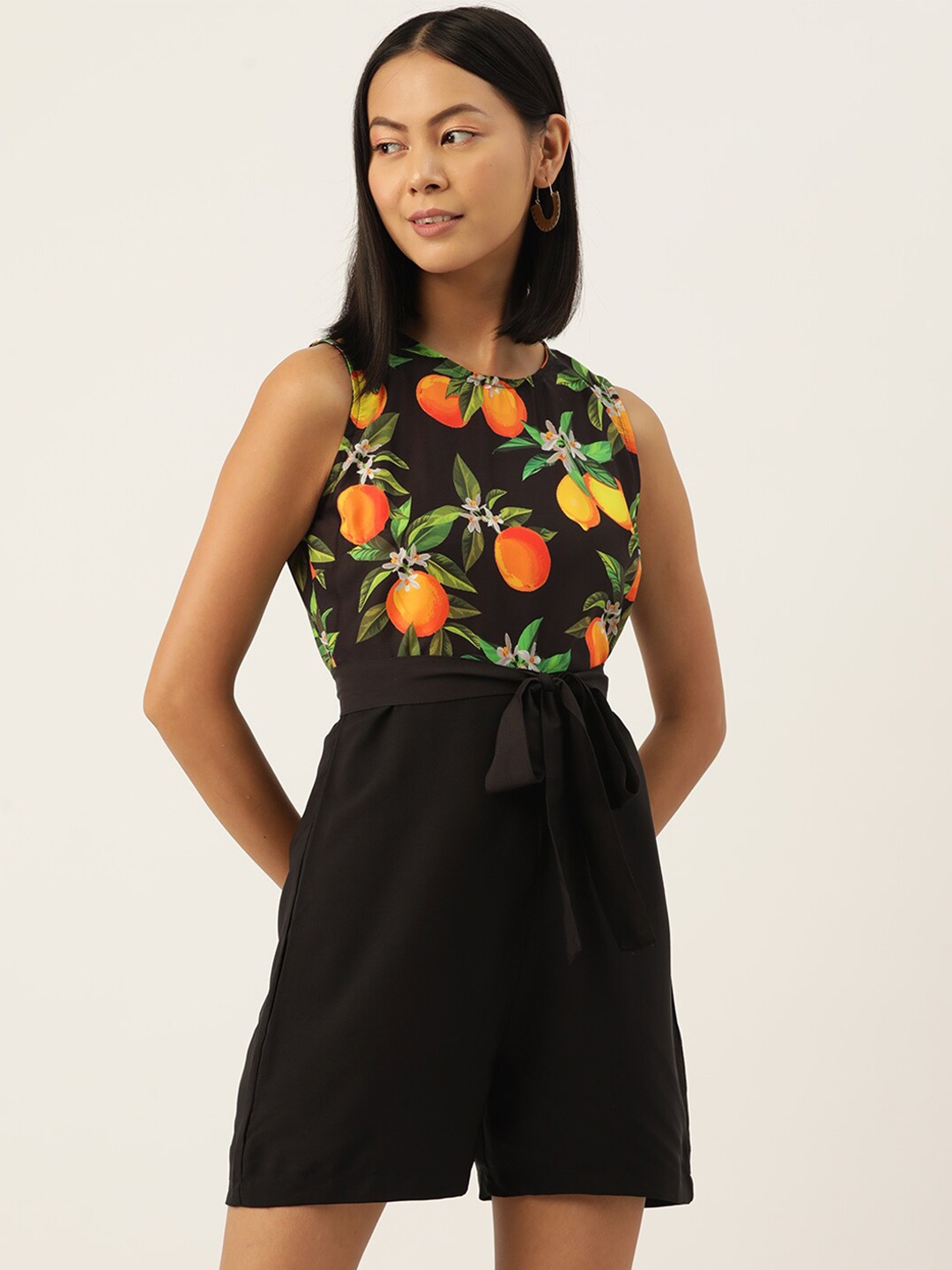 

SIRIKIT Printed Waist Tie Ups Playsuit, Black