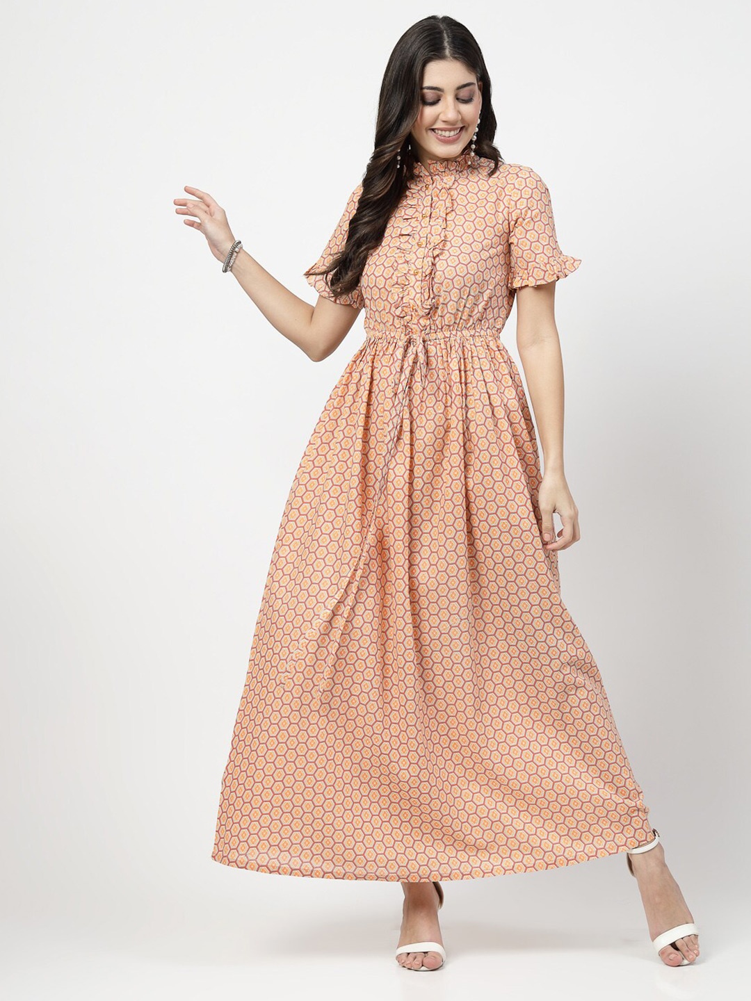 

Karmic Vision Geometric Printed Tie-Up Maxi Dress, Camel brown