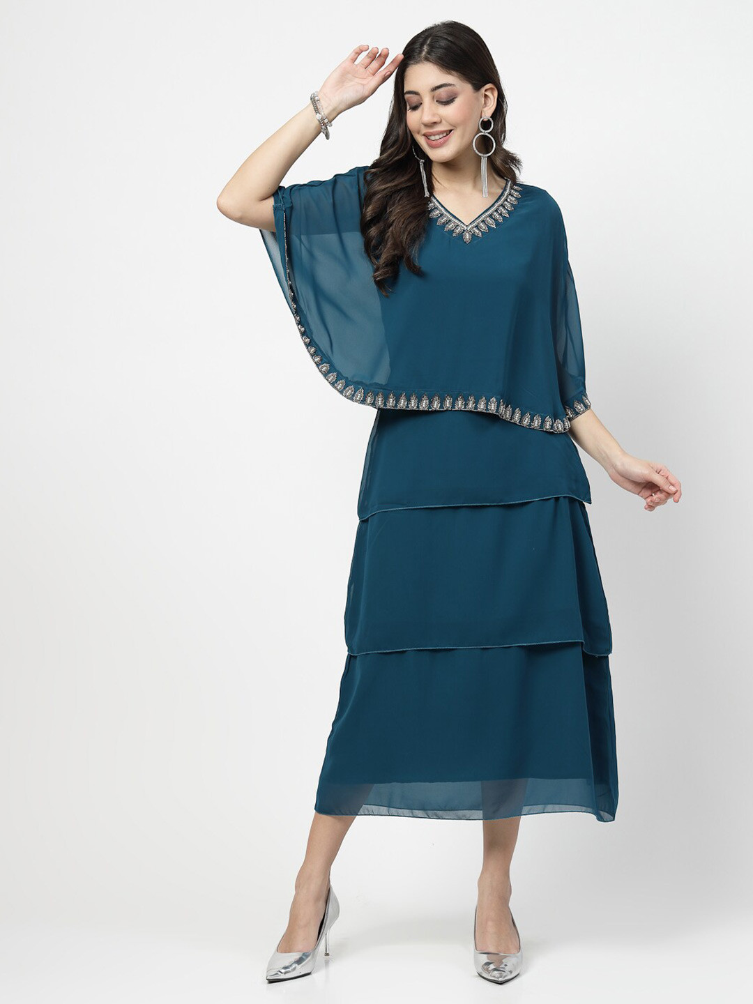 

Karmic Vision Embellished Layered A-Line Midi Dress, Teal