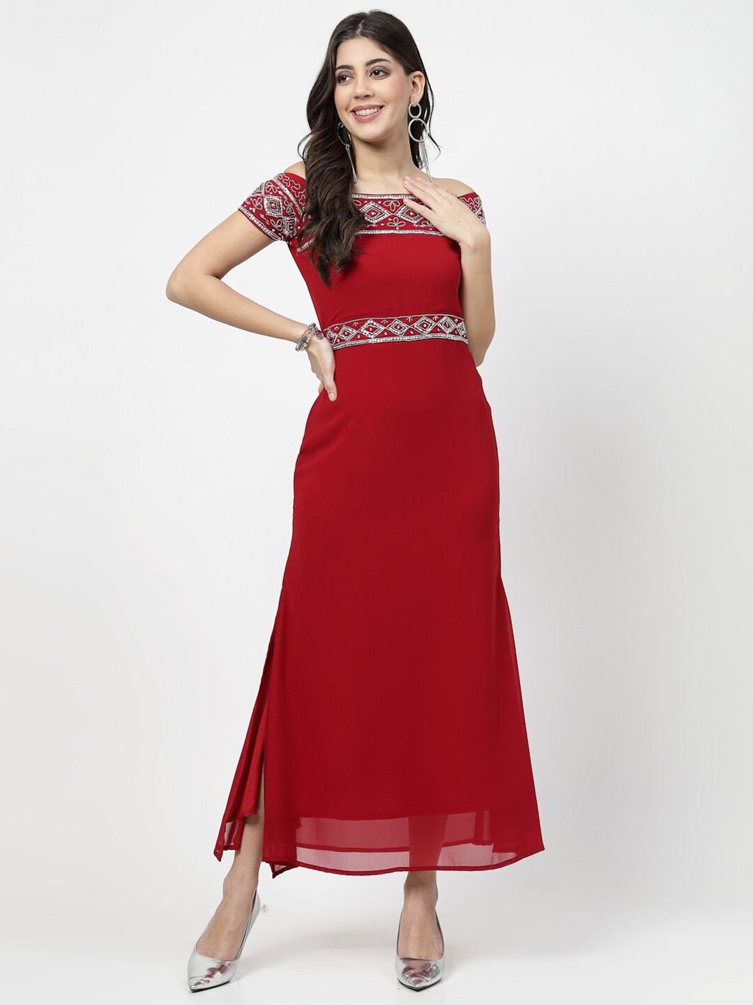 

Karmic Vision Embellished Off Shoulder Maxi Dress, Red