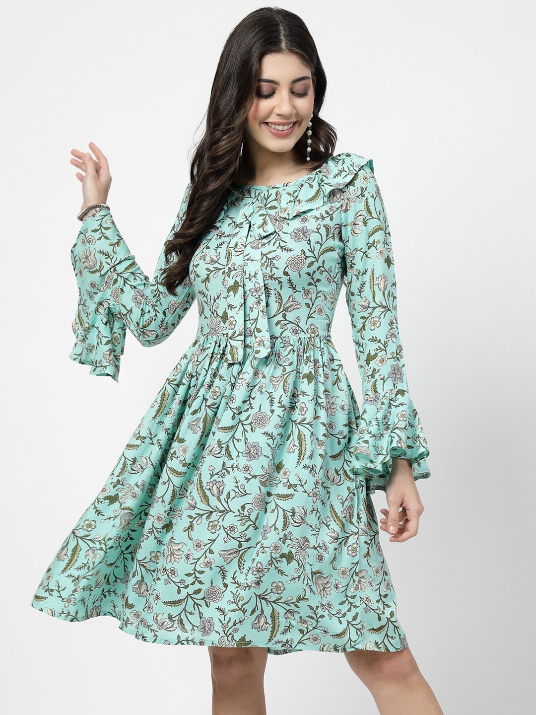 

Karmic Vision Floral Printed Bell Sleeve Ruffled Fit & Flared Dress, Turquoise blue