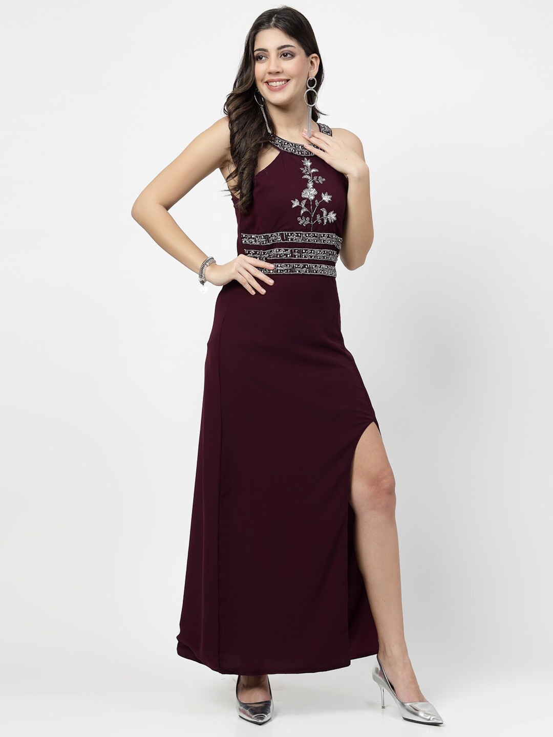 

Karmic Vision Halter Neck Embellished Georgette Maxi Dress, Maroon