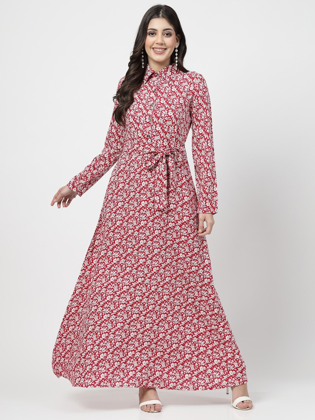 

Karmic Vision Floral Printed Shirt Collar Tie Up Maxi Dress, Red