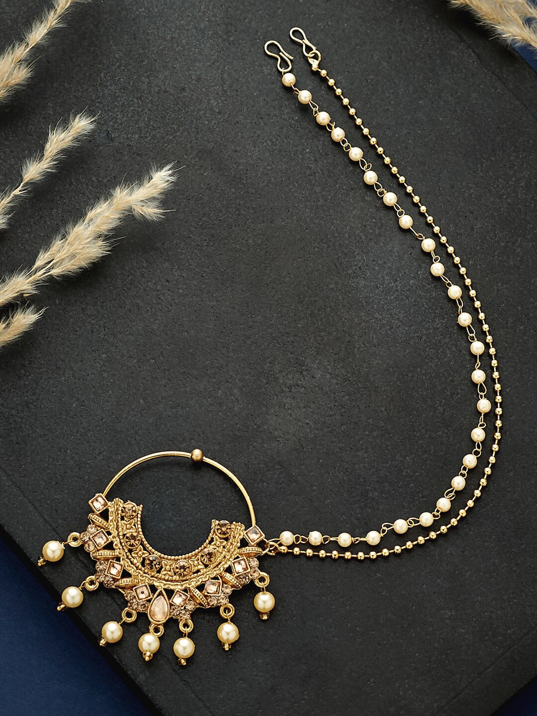 

ATIBELLE Gold Plated Kundan Studded & Beaded Nosepin