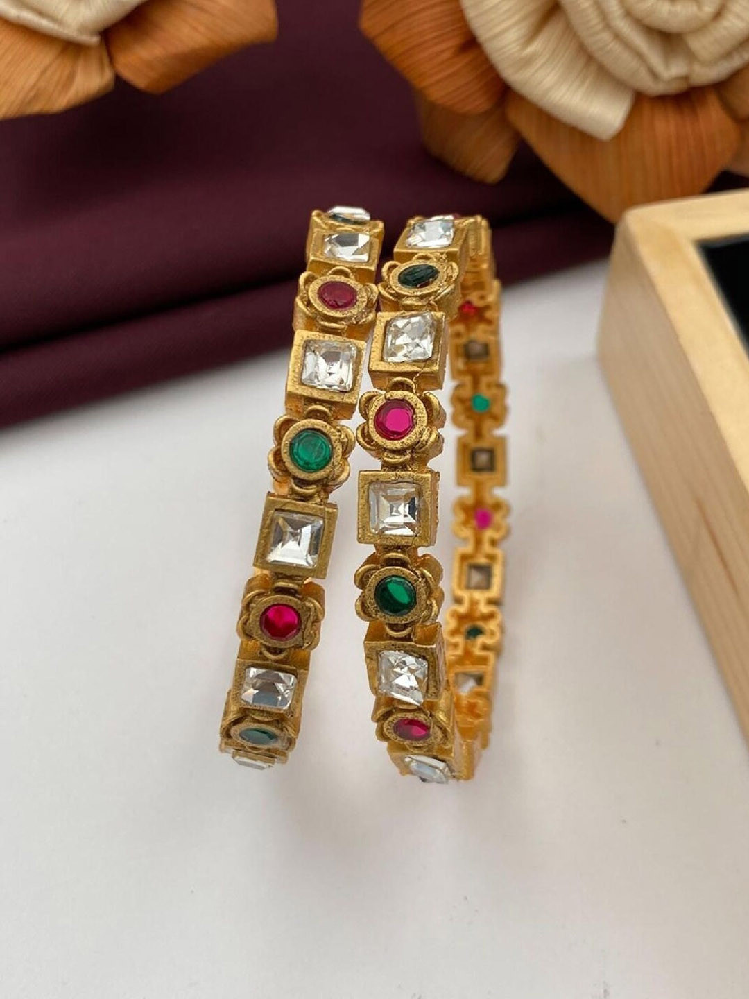 

ATIBELLE Set Of 2 Gold-Plated Kundan-Studded Bangles