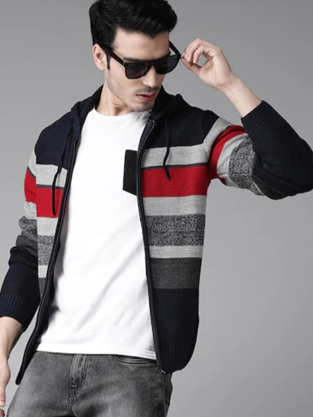 

The Roadster Lifestyle Co. Navy Blue Striped Hooded Acrylic Cardigan Sweater