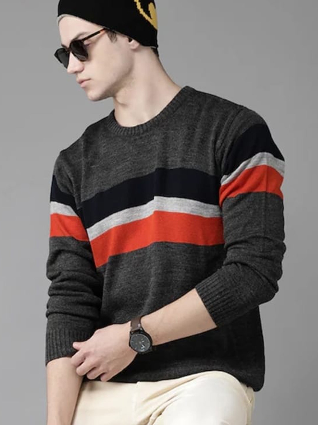 

The Roadster Lifestyle Co. Charcoal Striped Round Neck Acrylic Pullover Sweater