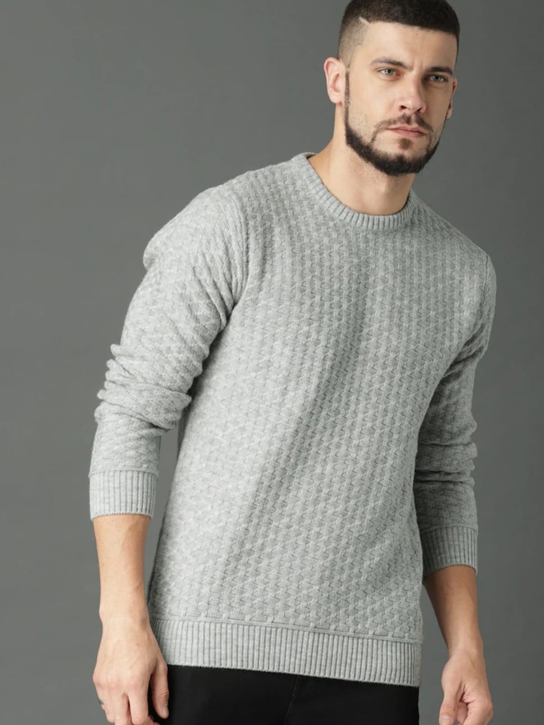 

The Roadster Lifestyle Co. Grey Open Knit Self Design Round Neck Acrylic Pullover Sweater