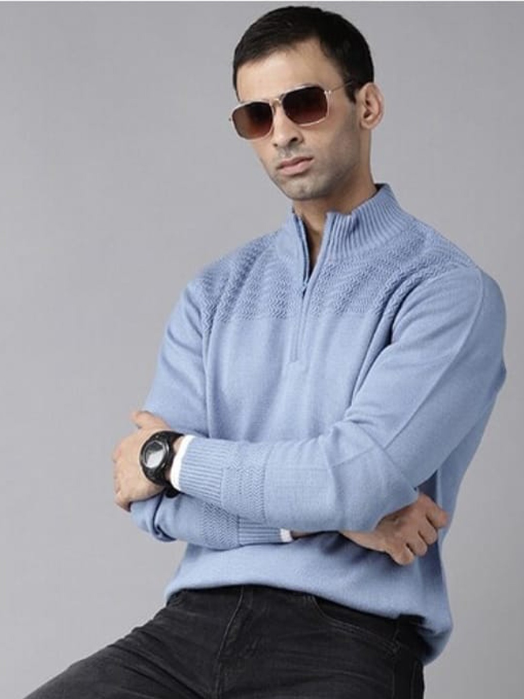 

The Roadster Lifestyle Co. Mock Collar Half Zipper Ribbed Acrylic Pullover Sweater, Blue
