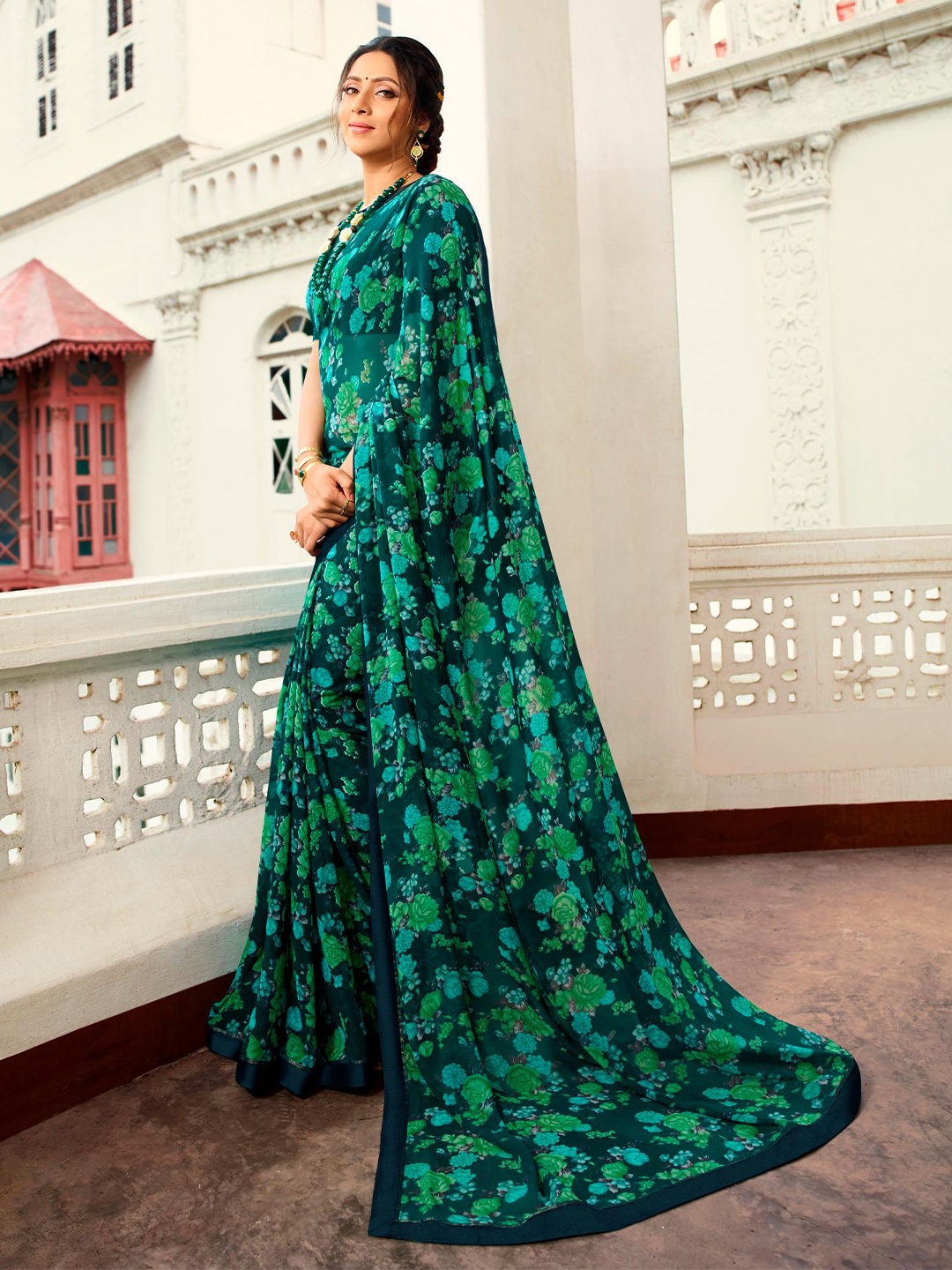 

Civamee Floral Georgette Designer Saree, Sea green