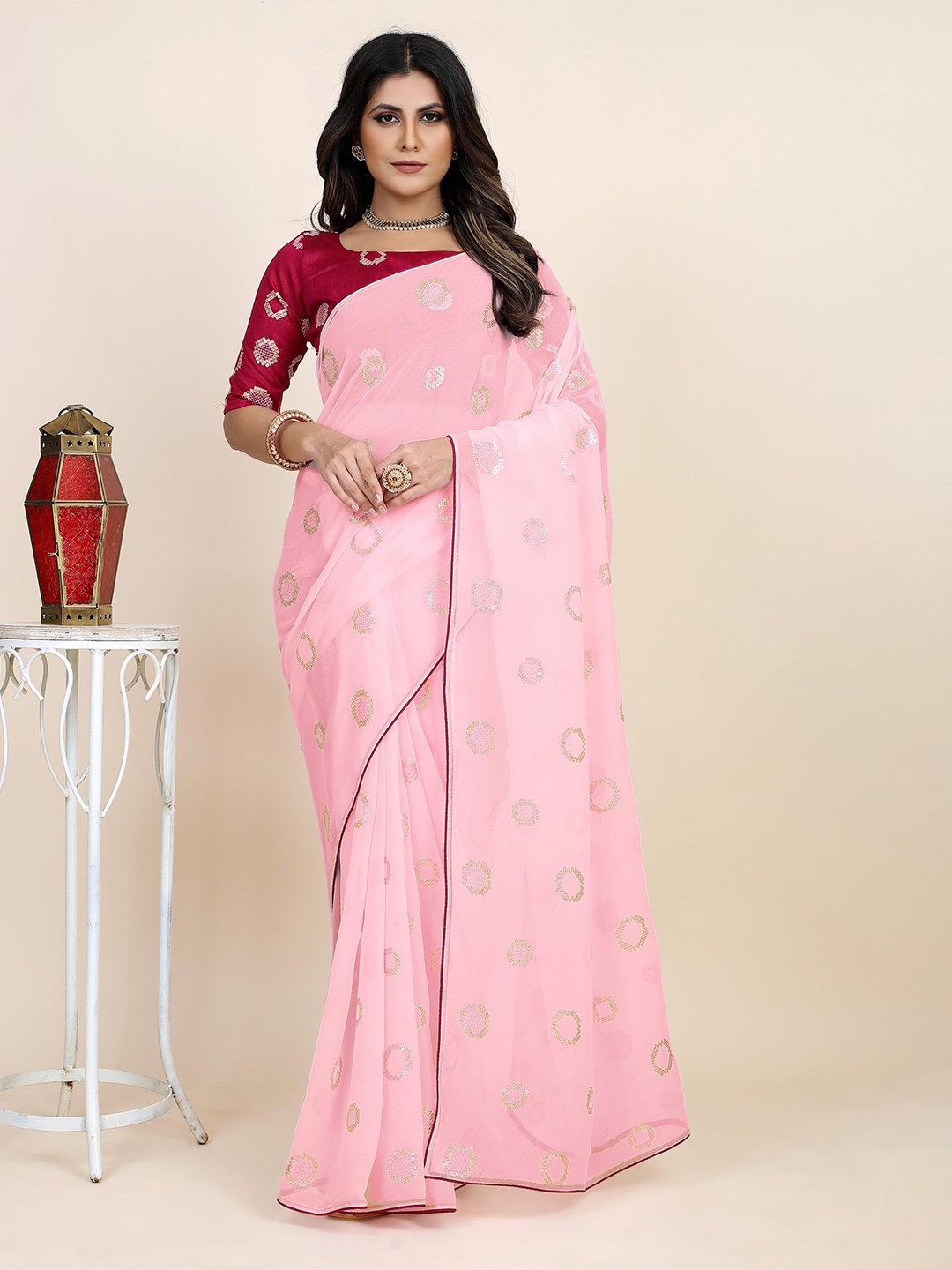 

Civamee Embellished Sequinned Georgette Designer Saree, Pink