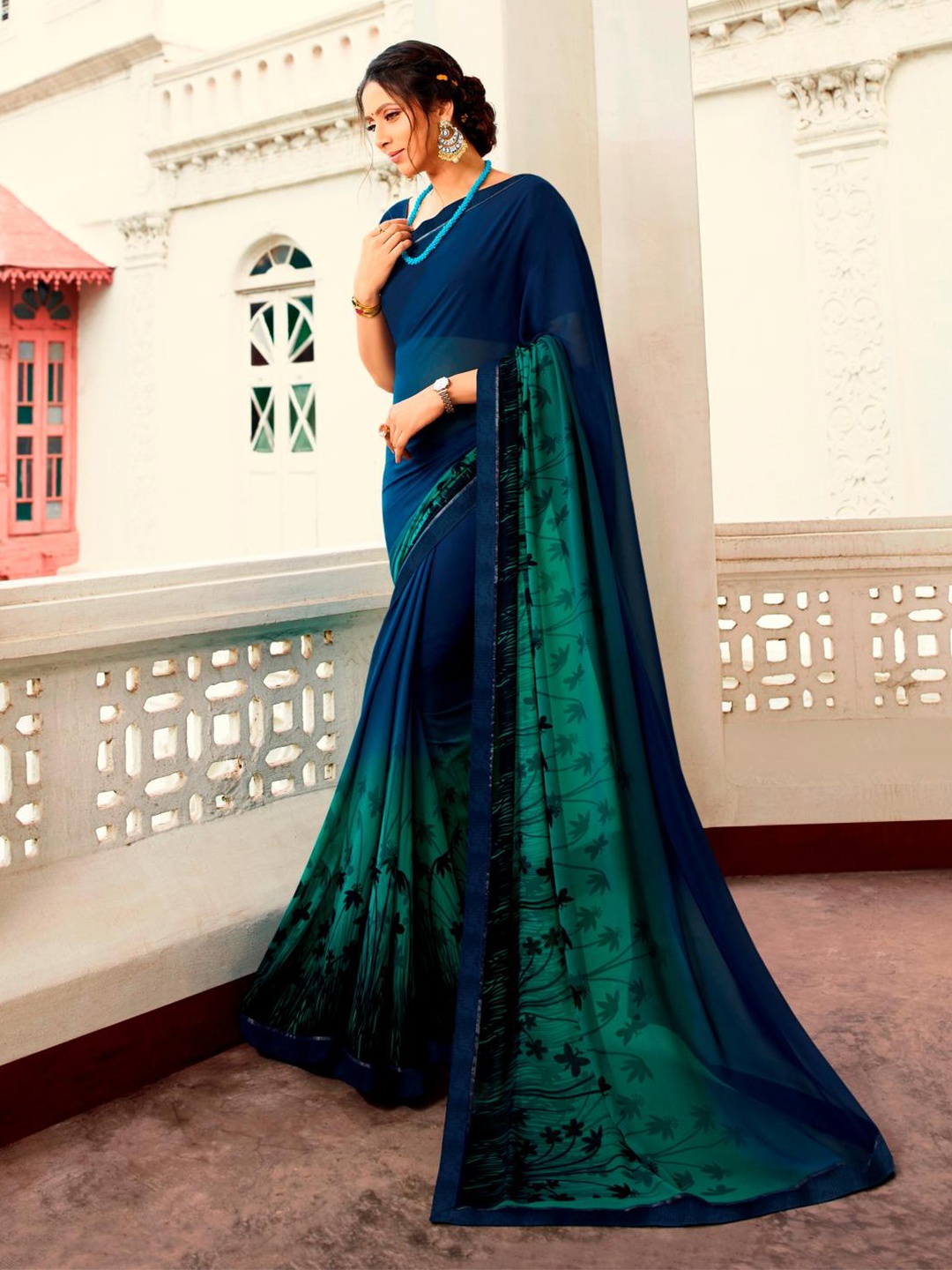 

Civamee Floral Georgette Designer Saree, Navy blue
