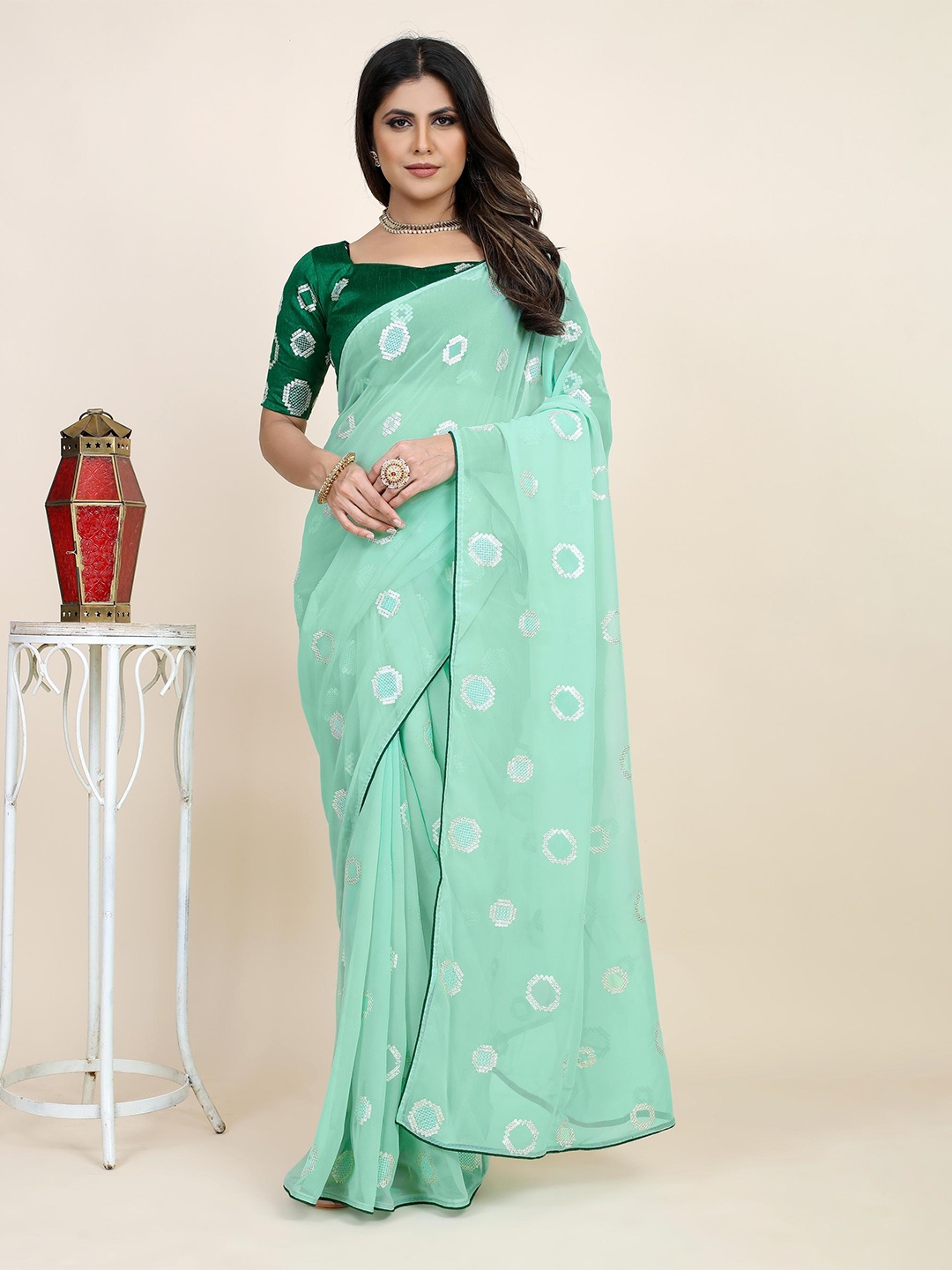 

Civamee Embellished Sequinned Georgette Designer Saree, Green