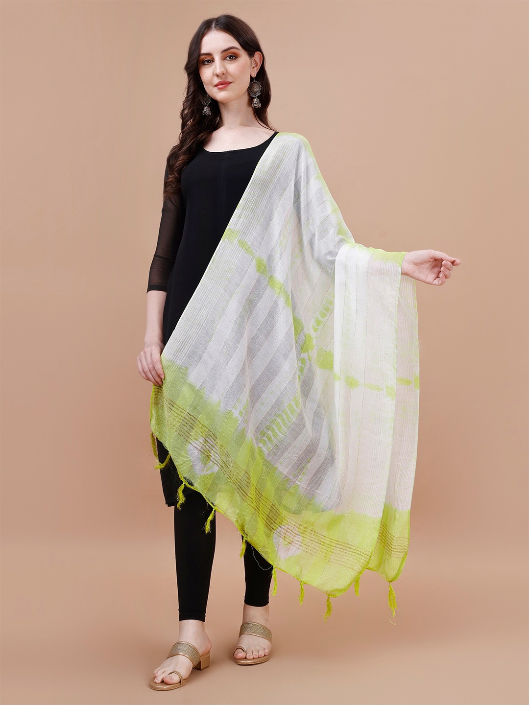 

CANIZZARO Tie & Dye Dyed Tasselled Cotton Dupatta, Lime green