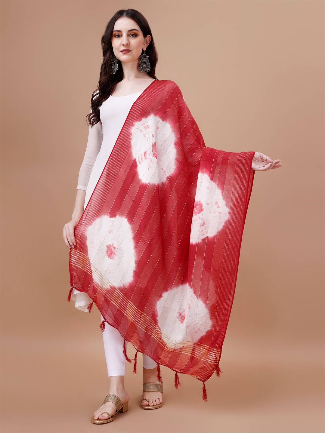 

CANIZZARO Tie & Dye Dyed Tasselled Cotton Dupatta, Red