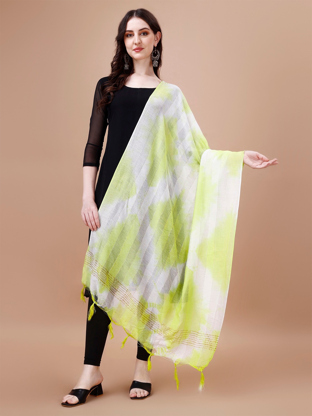 

CANIZZARO Tie & Dye Dyed Tasselled Cotton Dupatta, Lime green
