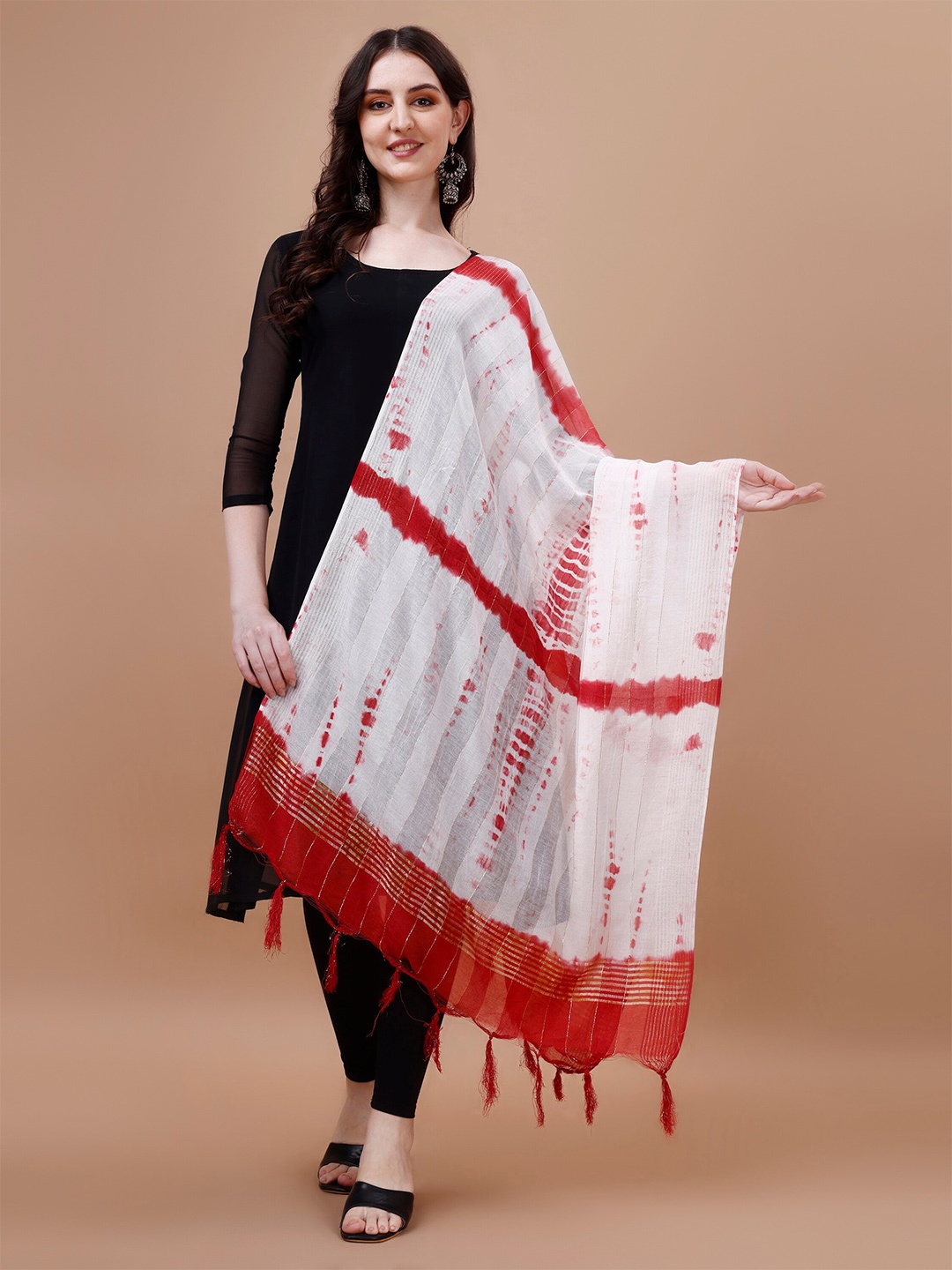 

CANIZZARO Tie & Dye Dyed Tasselled Cotton Dupatta, Red