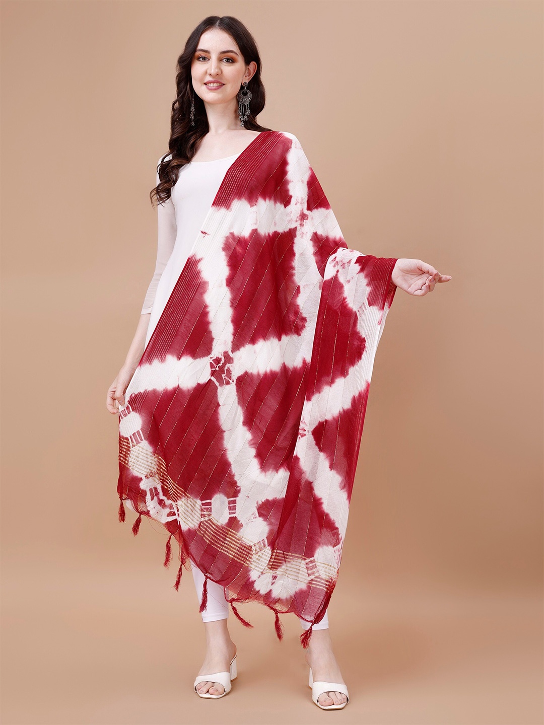 

CANIZZARO Tie & Dye Printed Cotton Dupatta, Maroon