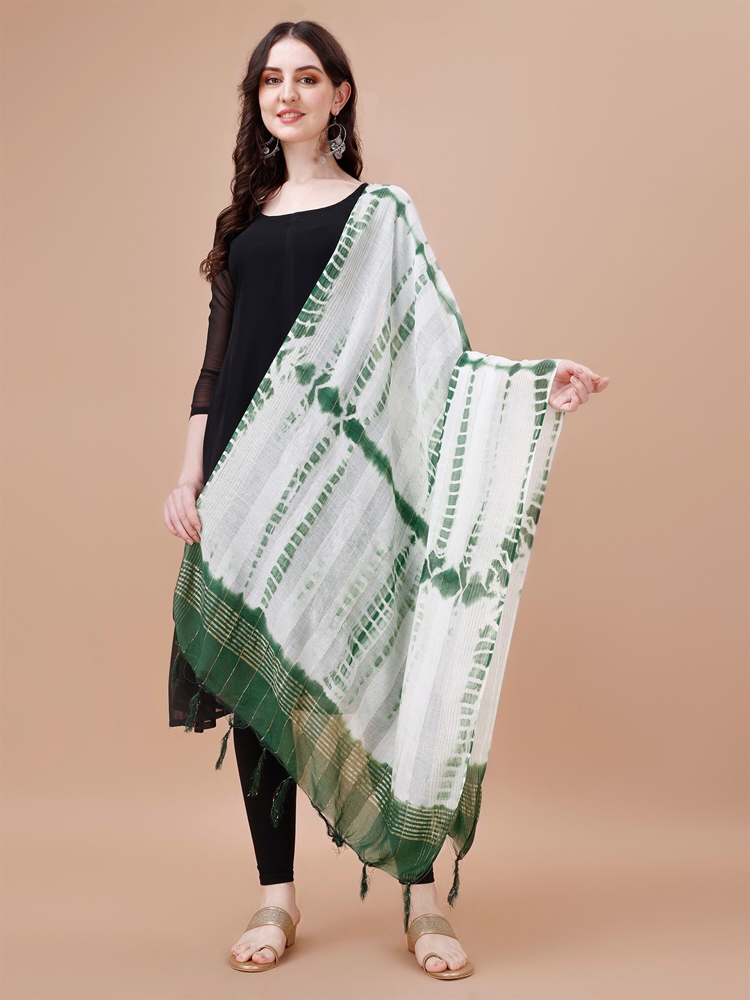 

CANIZZARO Tie & Dye Dyed Tasselled Cotton Dupatta, Green