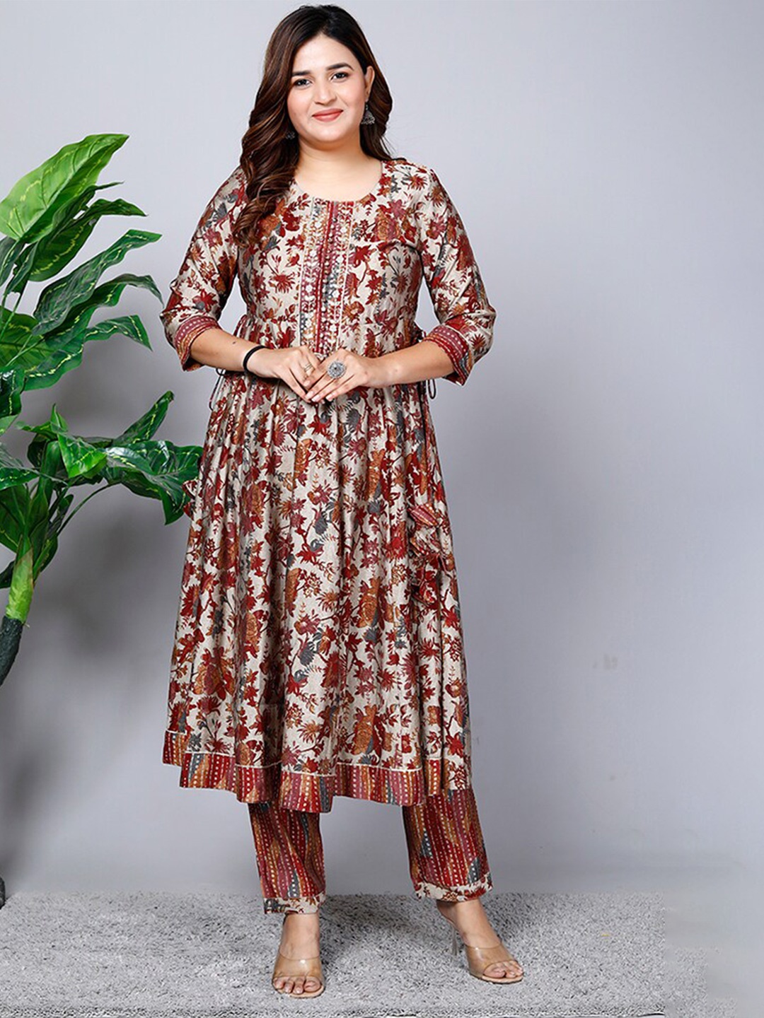 

SHOOLIN Floral Printed Sequined Anarkali Kurta & Trouser With Dupatta, Rust