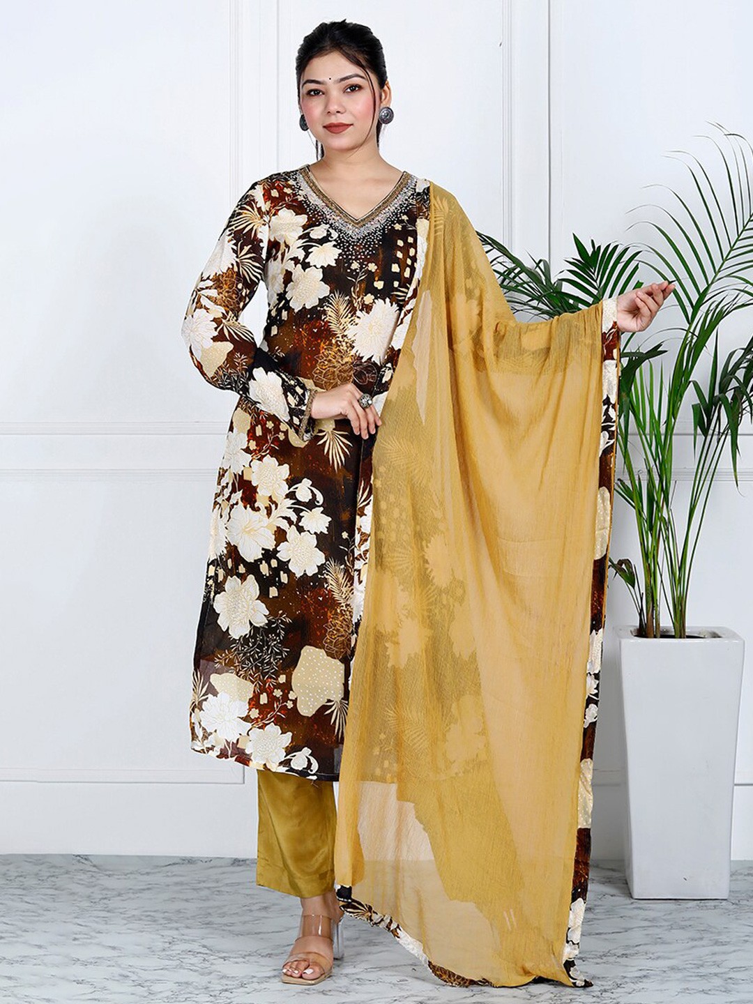 

SHOOLIN Printed Pure Cotton Kurta & Trousers With Dupatta, Mustard
