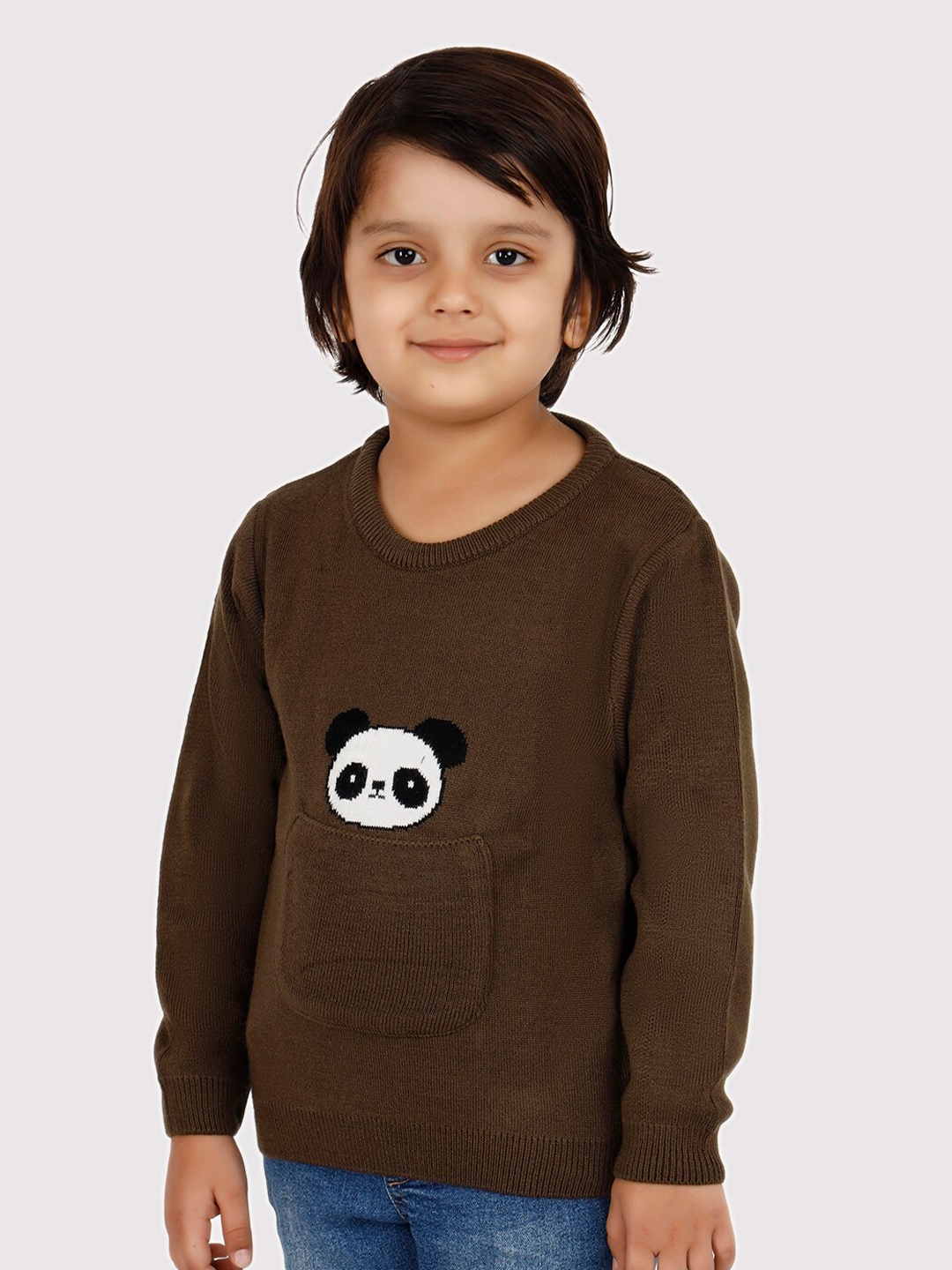 

JoE Hazel Boys Graphic Printed Panda Pocket Acrylic Pullover Sweater, Brown