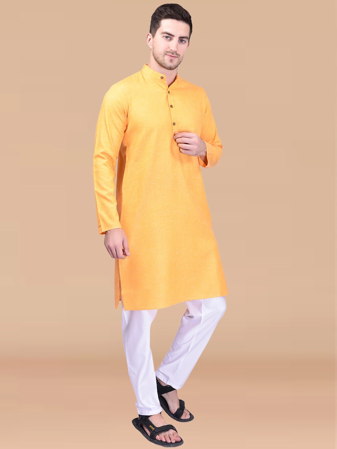 

PRINTCULTR Pure Cotton Straight Kurta with Pyjamas, Yellow