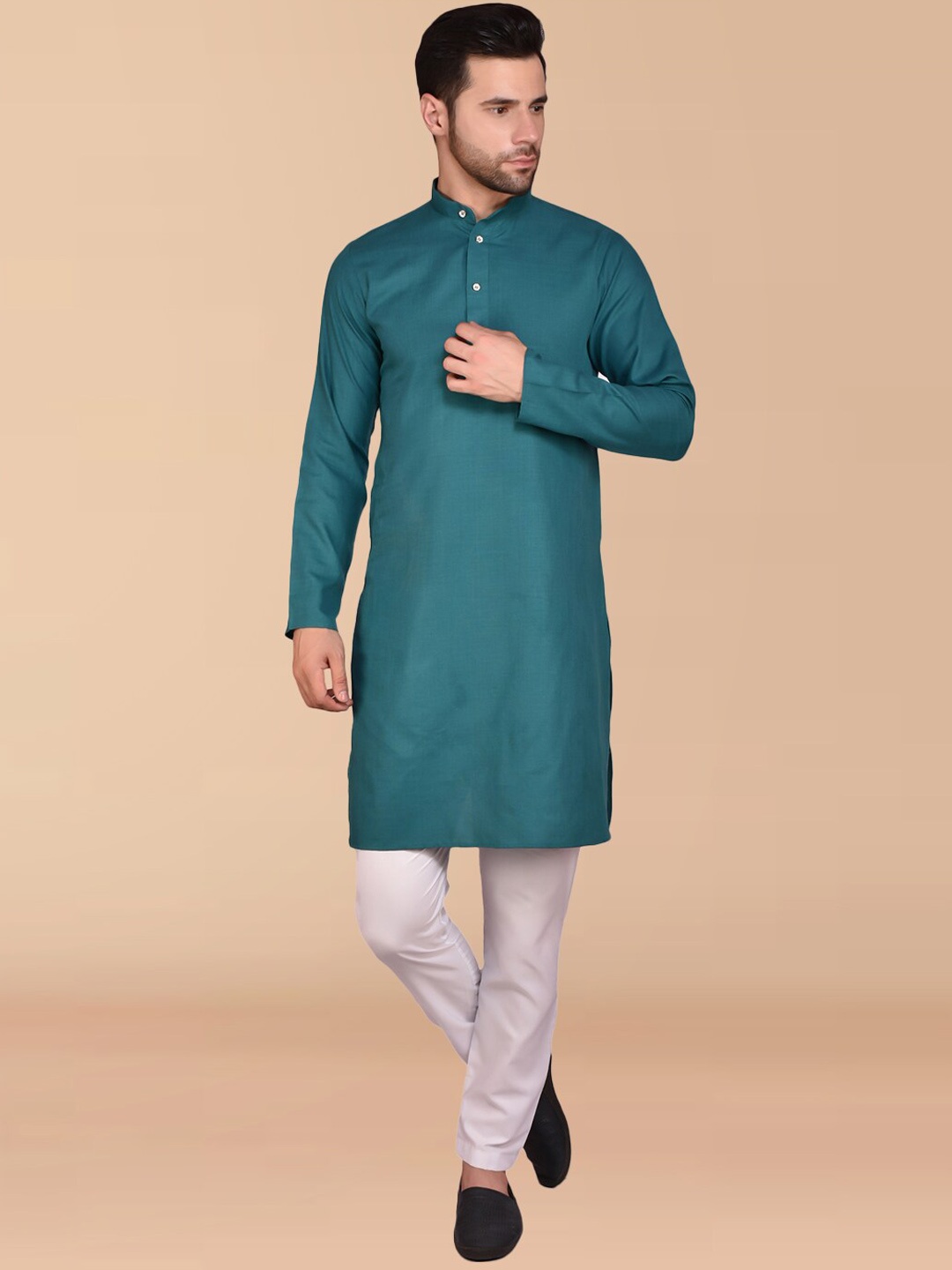 

PRINTCULTR Mandarin Collar Pure Cotton Kurta with Trouser, Teal