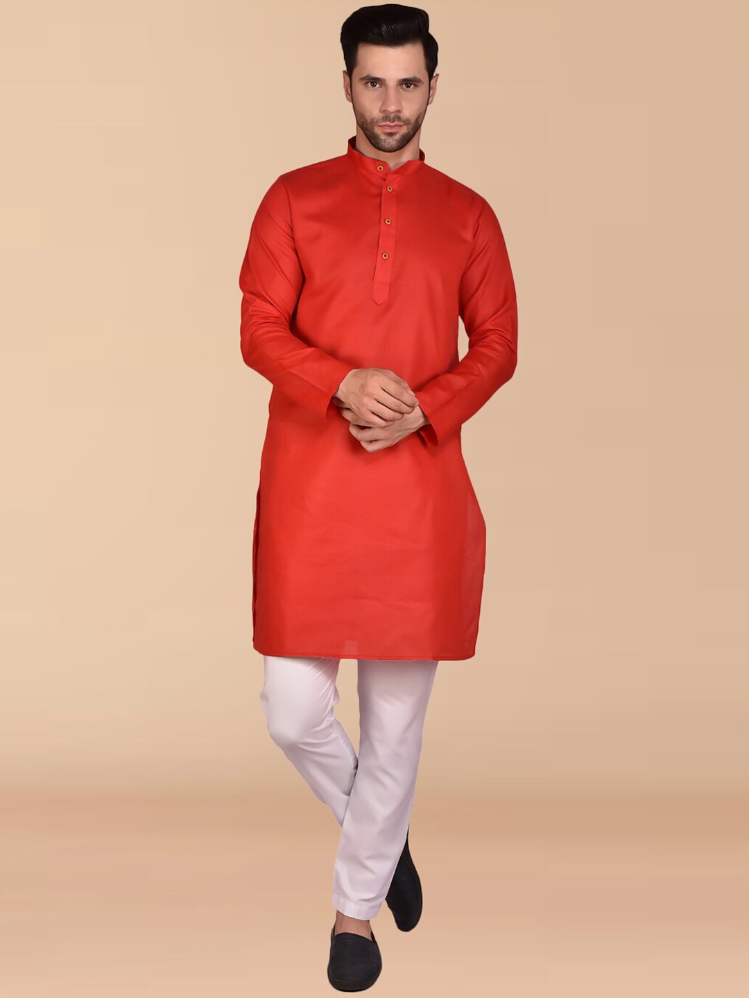 

PRINTCULTR Mandarin Collar Pure Cotton Kurta with Trouser, Red