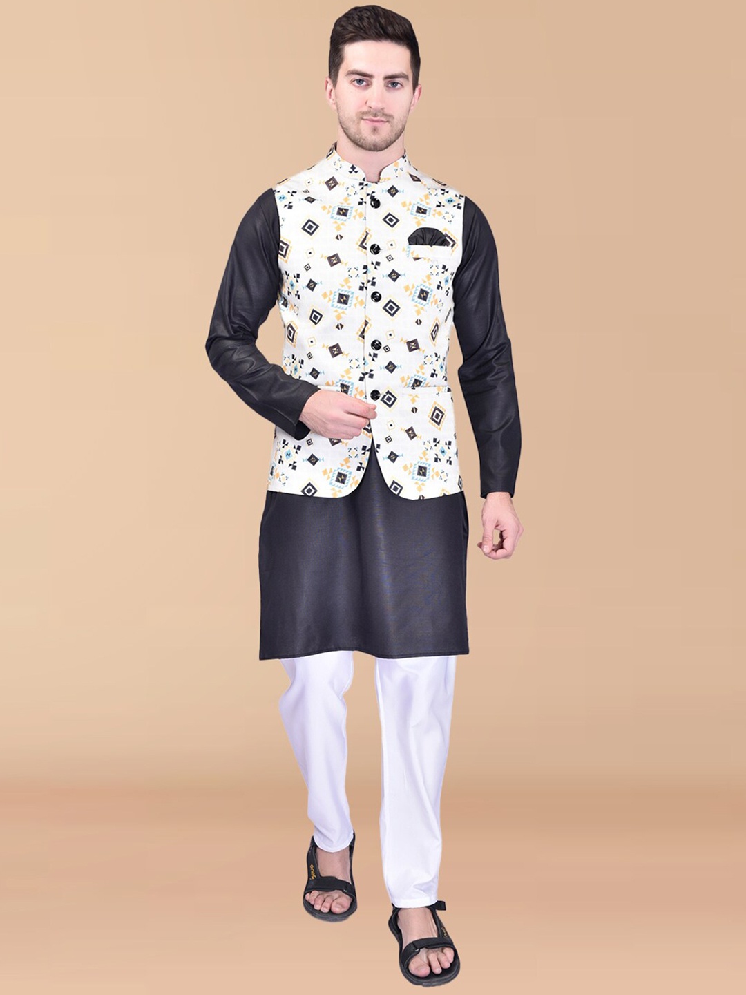 

PRINTCULTR Mandarin Collar Pure Cotton Kurta with Trouser With Nehru Jacket, Black