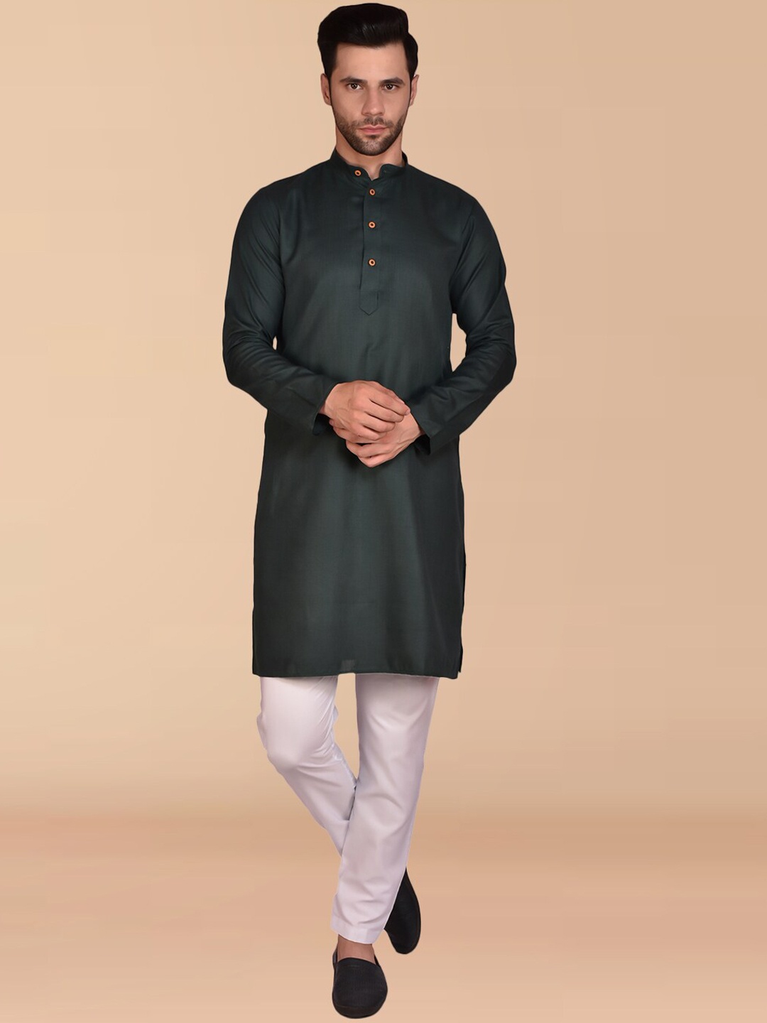 

PRINTCULTR Band Collar Long Sleeves Pure Cotton Kurta with Trousers, Black