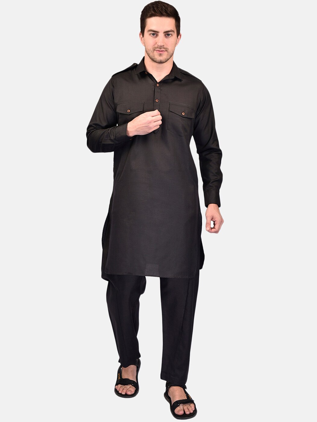 

PRINTCULTR Shirt Collar Long Sleeves Pathani Pure Cotton Kurta With Trouser, Black
