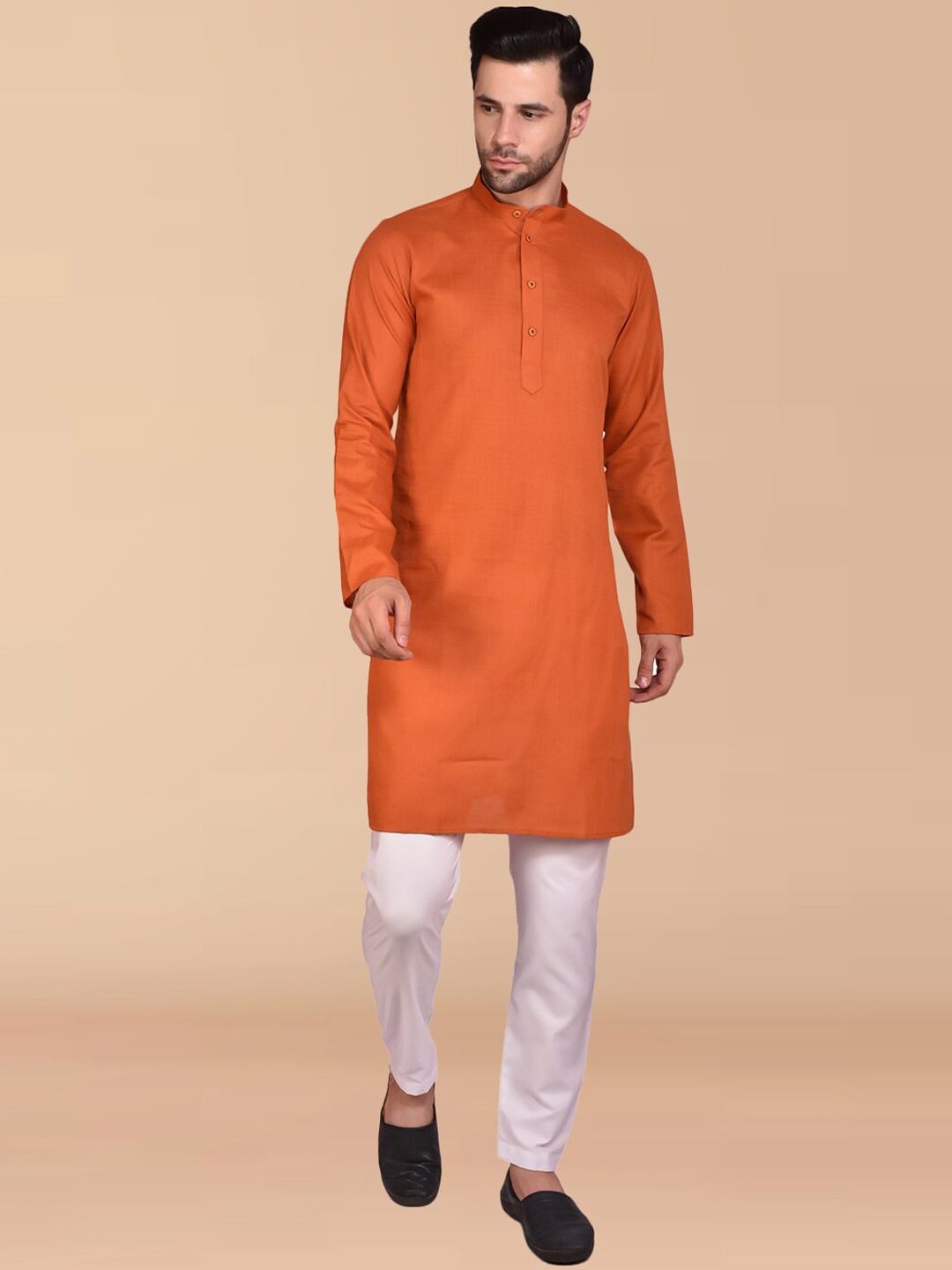 

PRINTCULTR Band Collar Long Sleeves Pure Cotton Kurta with Trousers, Orange