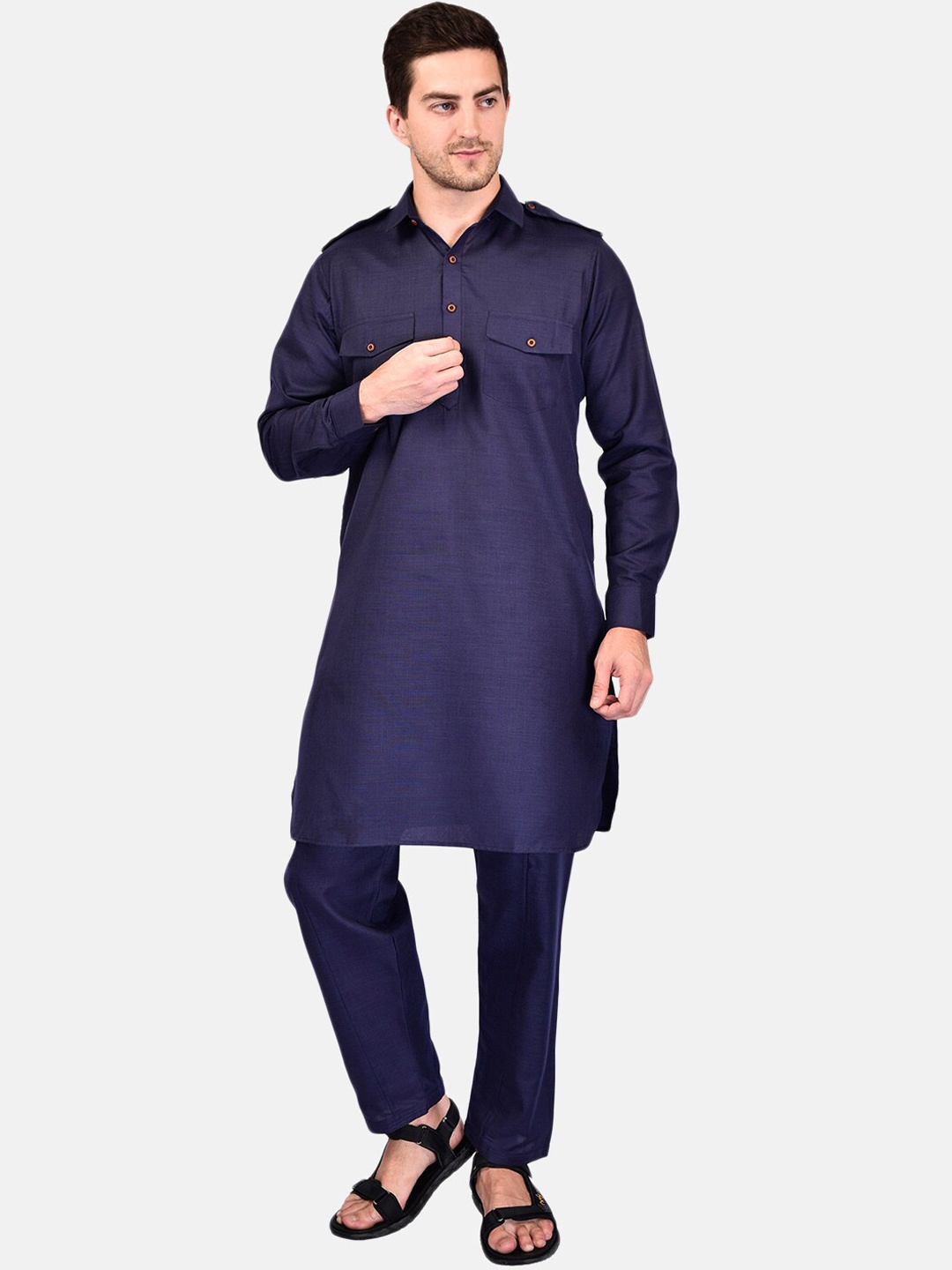 

PRINTCULTR Shirt Collar Paithani Pure Cotton Kurta With Pyjamas, Navy blue