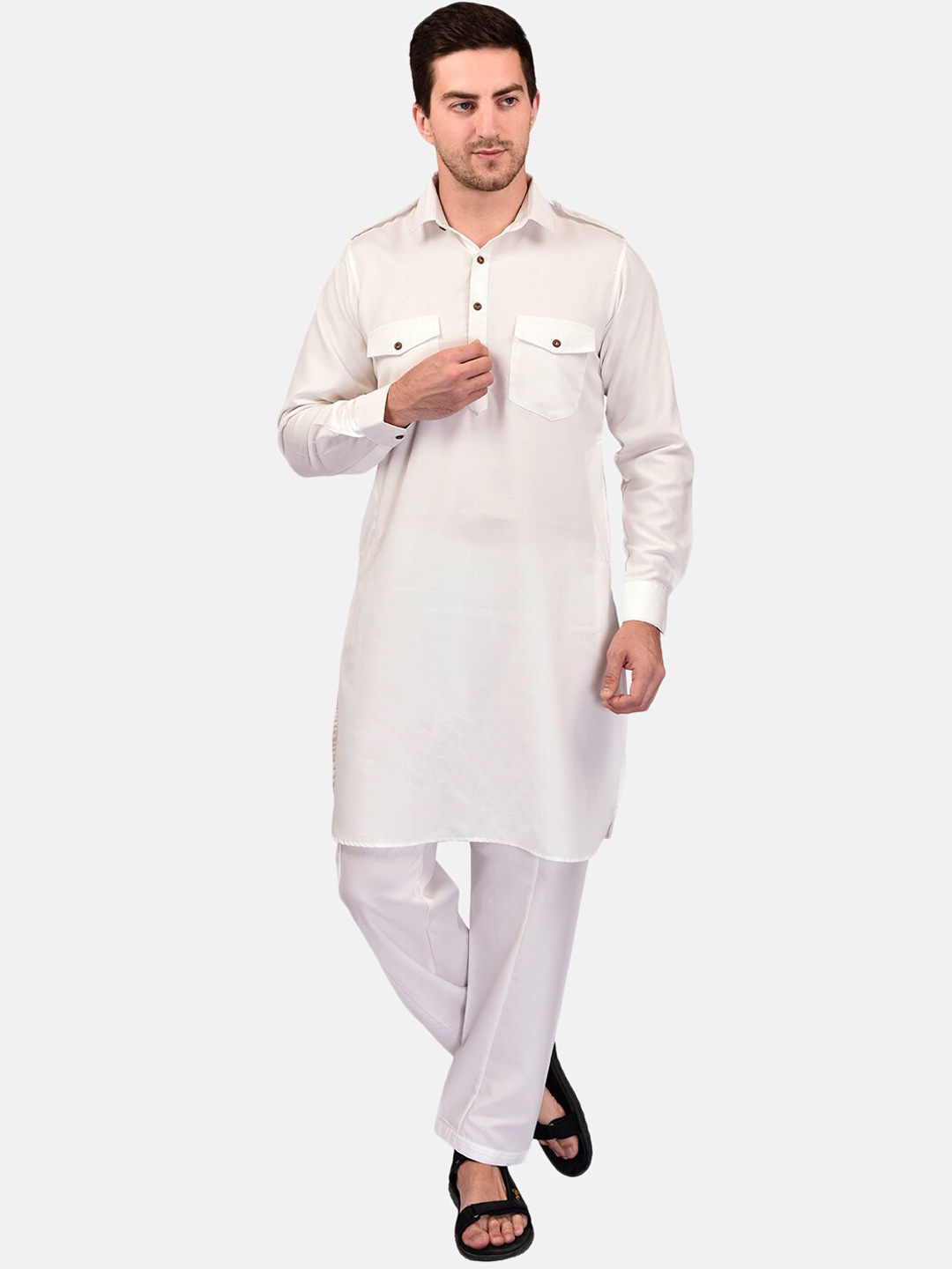 

PRINTCULTR Shirt Collar Paithani Pure Cotton Kurta With Pyjamas, White