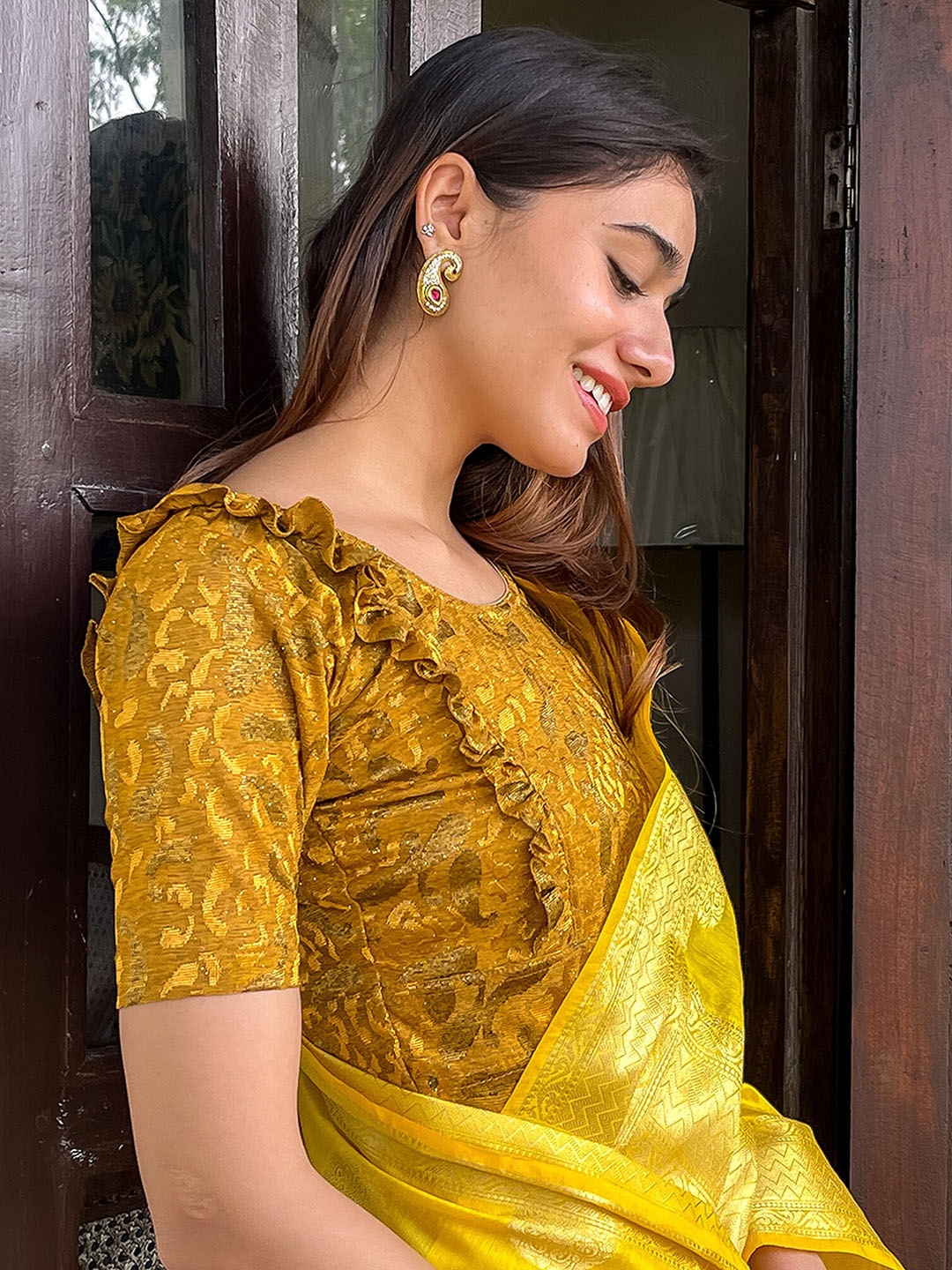 

Bindigasm's Advi Woven Design Ruffles Detailed Stretchable Jacquard Saree Blouse, Mustard