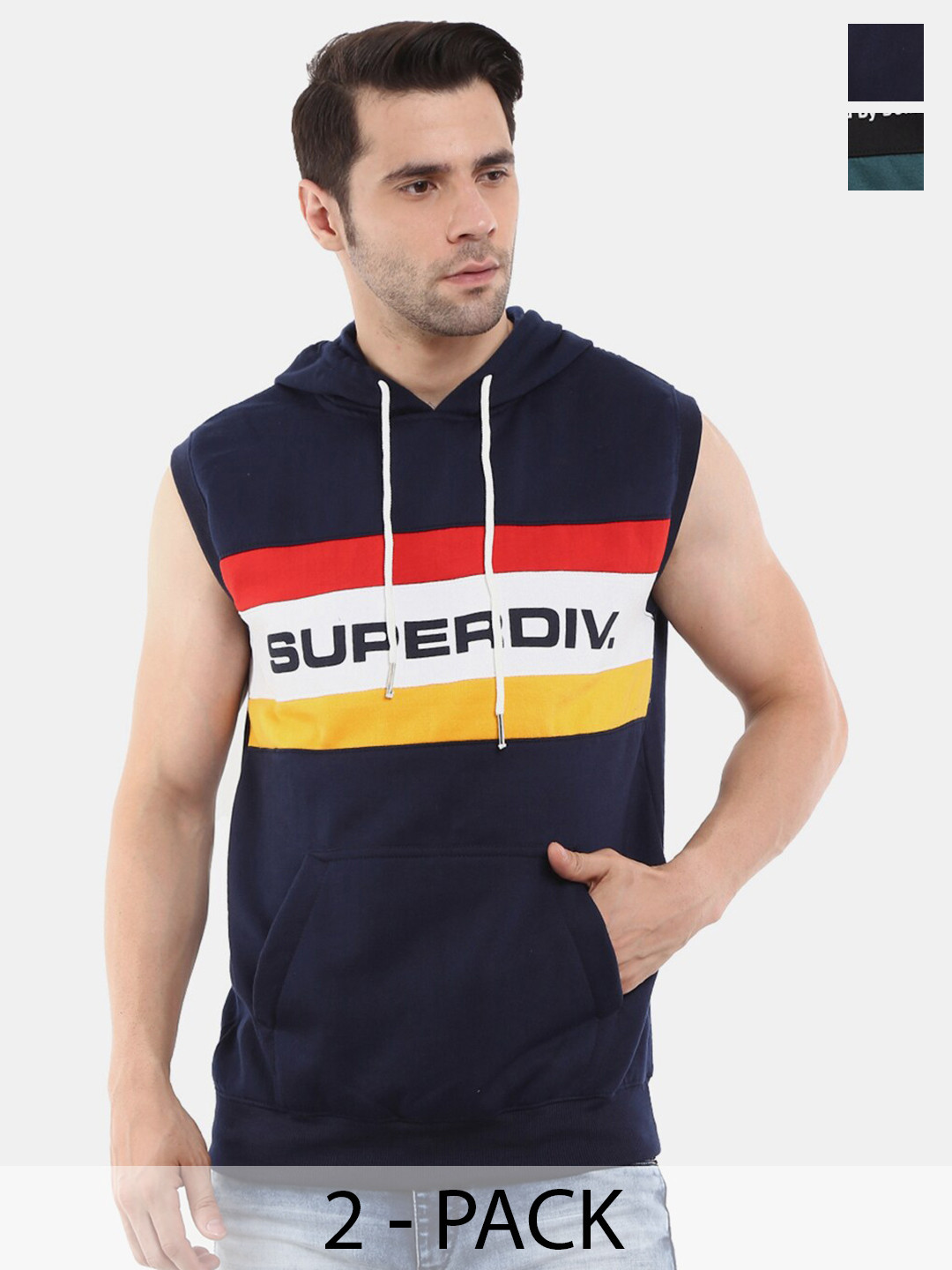 

V-Mart Pack Of 2 Typography Printed Colourblocked Cotton Pullover, Navy blue