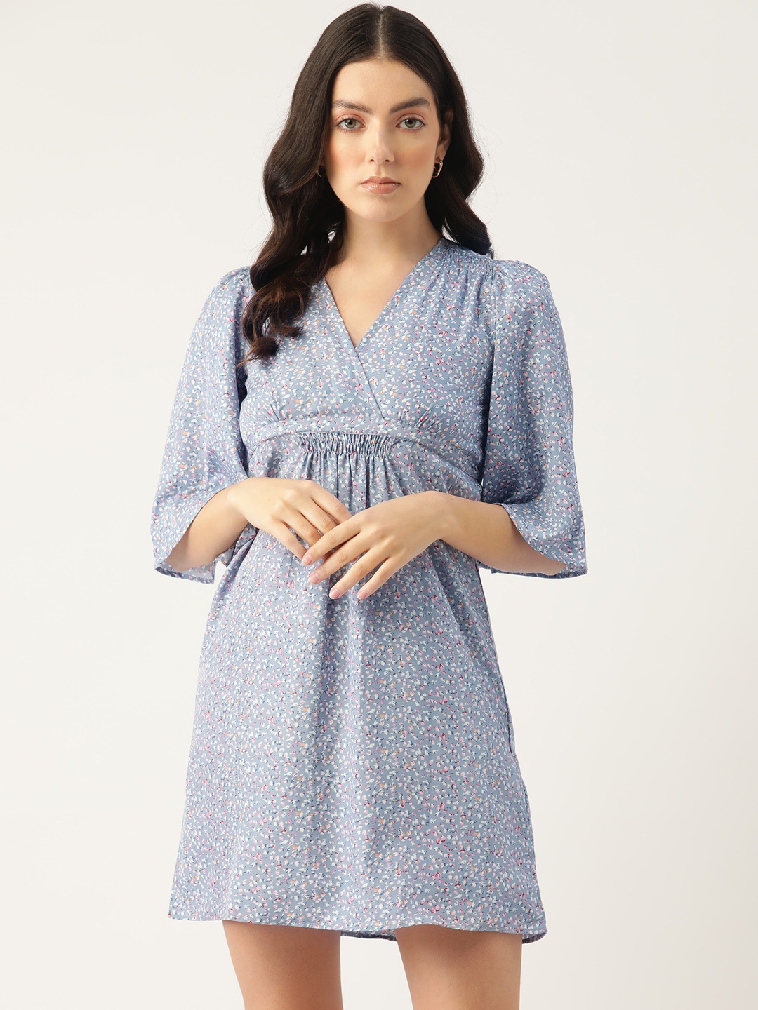 

ETC Floral Print Flared Sleeve Crepe Mini Dress, Blue