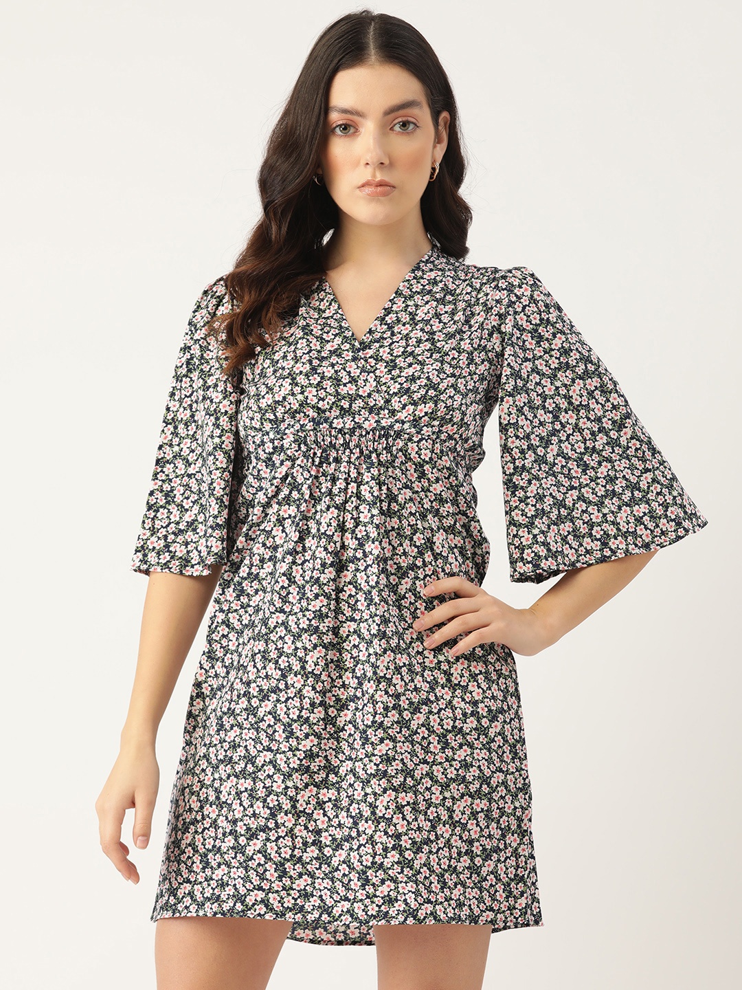 

ETC Floral Print Flared Sleeve Layered Crepe Mini Dress, Navy blue
