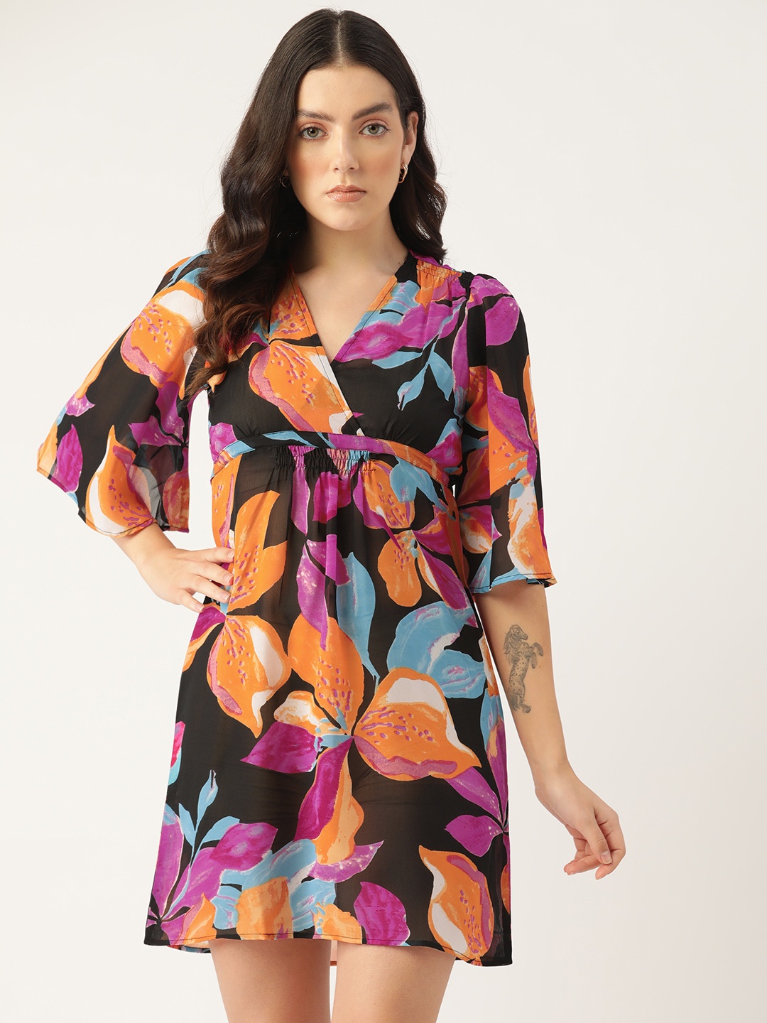 

ETC Floral Print Flared Sleeve Layered Georgette Mini Dress, Black