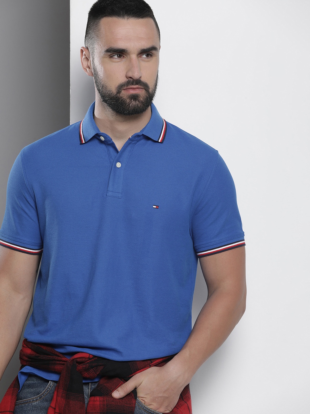 

Tommy Hilfiger Men Polo Collar Pure Cotton T-shirt, Blue
