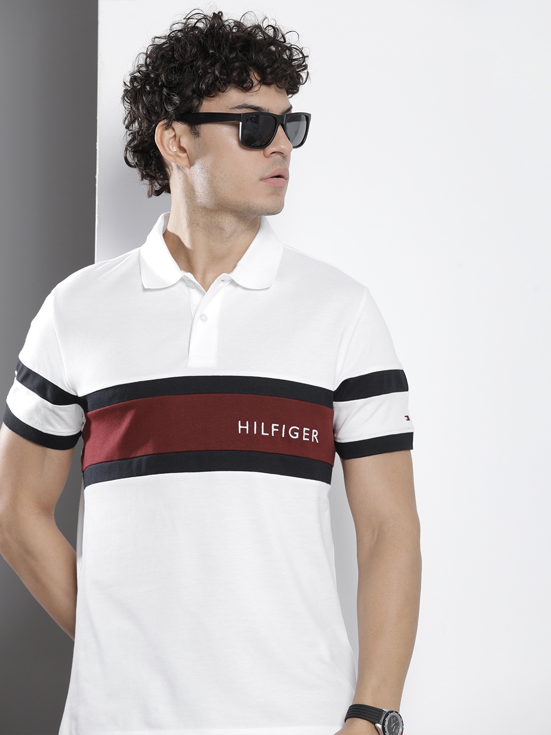 

Tommy Hilfiger Men Colourblocked Polo Collar Pure Cotton T-shirt, White