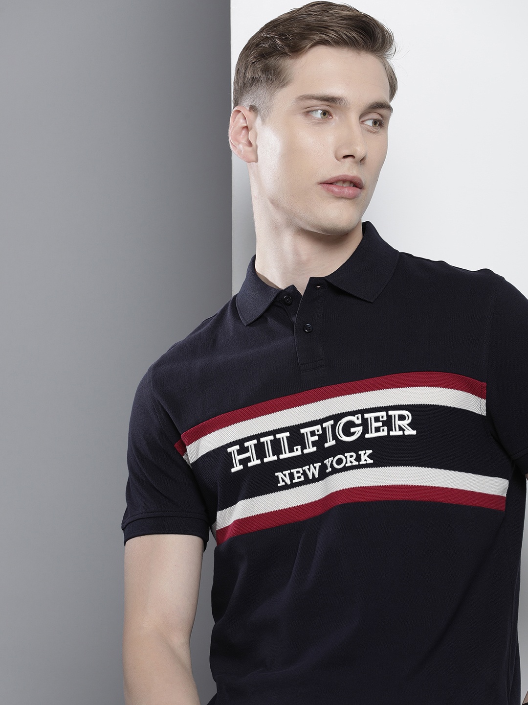 

Tommy Hilfiger Brand Logo Embroidered Polo Collar Pure Cotton T-shirt, Navy blue