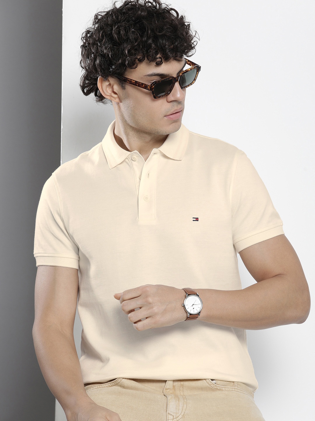 

Tommy Hilfiger Men Polo Collar Pure Cotton Slim Fit T-shirt, Off white